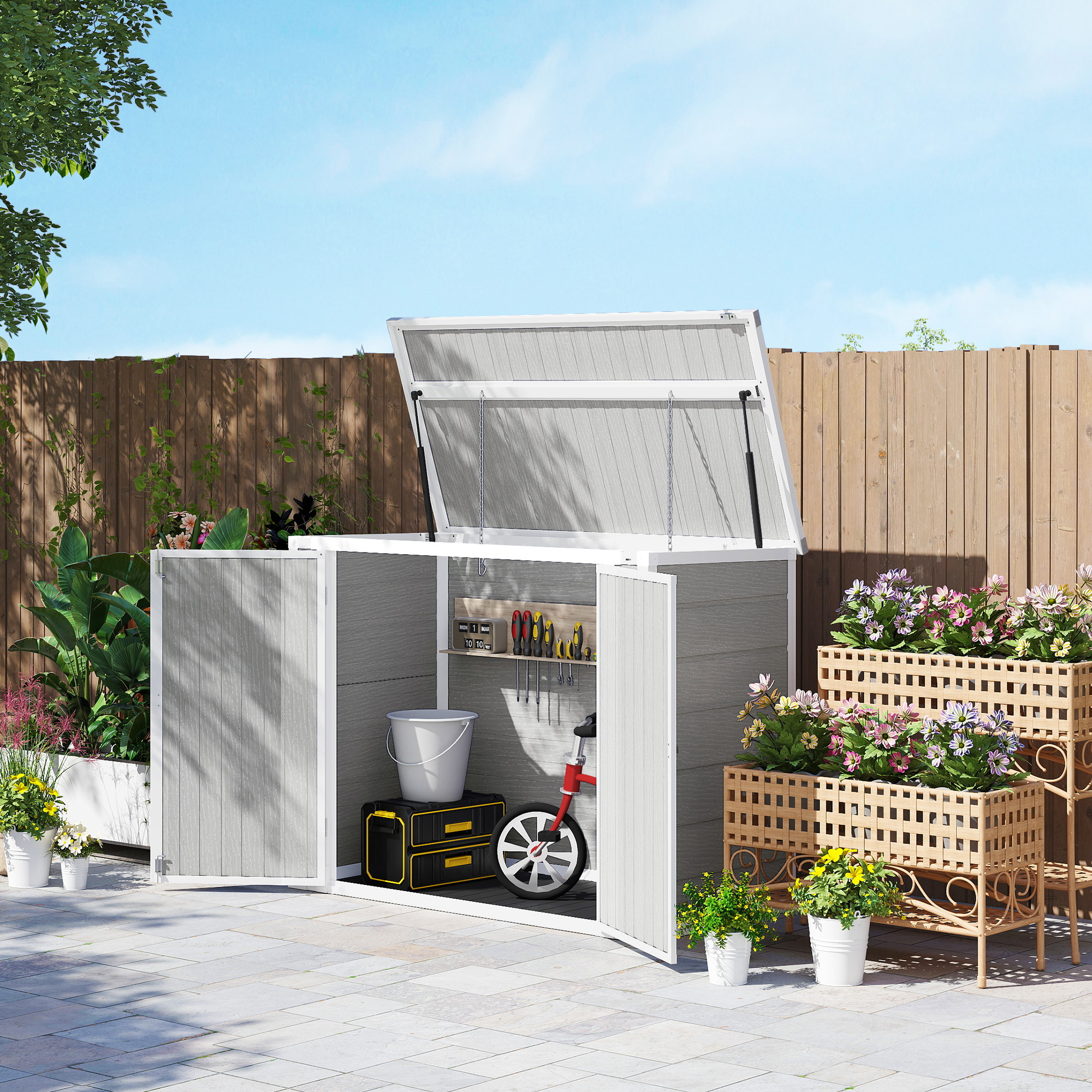 Outsunny 4.7 x 2.5FT Garden Shed, Lockable Outdoor Storage with Openable Lid, Small Shed for 2 Trash Cans, Tools, Patio, Light Grey 4