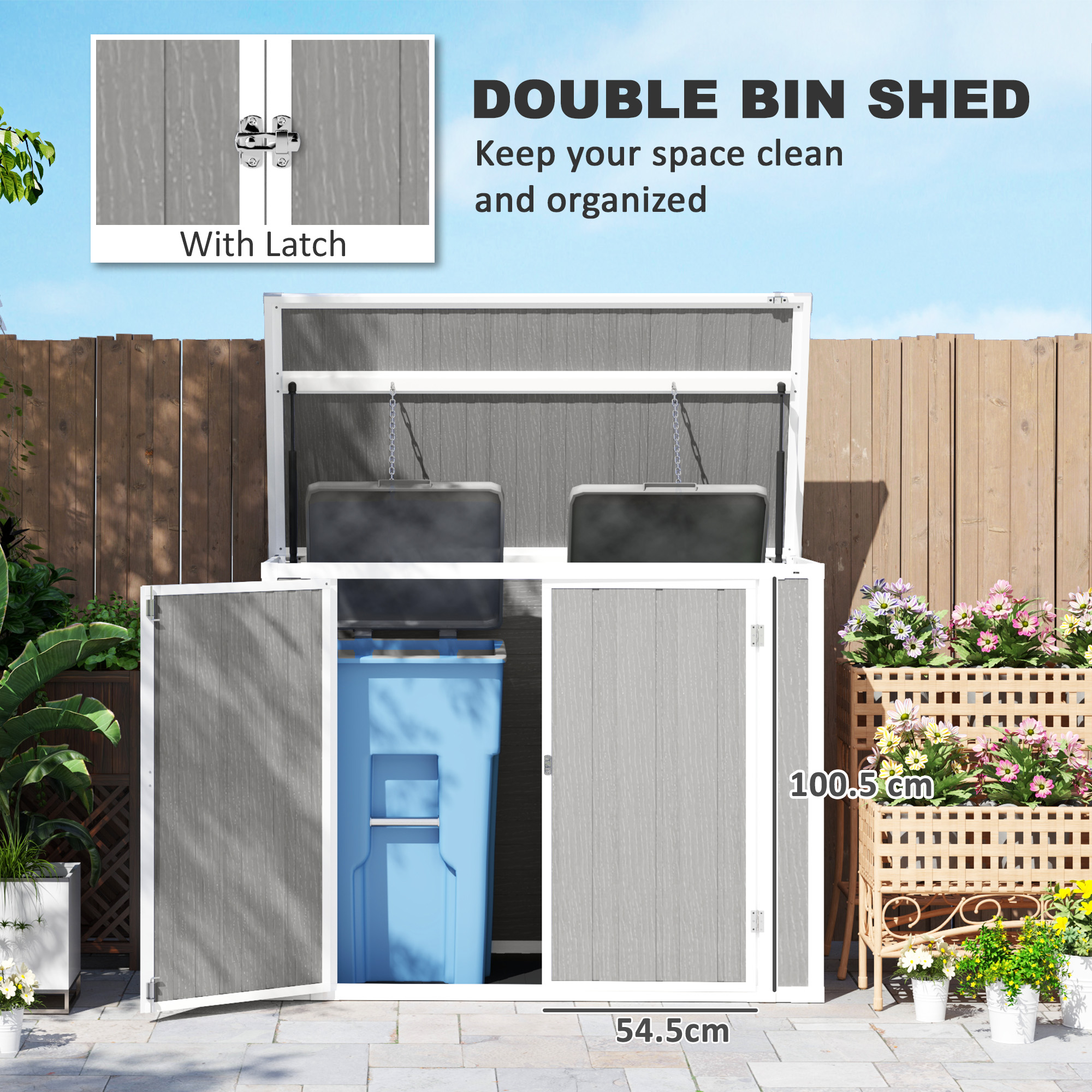 Outsunny 4.7 x 2.5FT Garden Shed, Double Bin Storage Shed with Lockable Doors, Outdoor Small Shed with Openable Lid for 2 Trash Cans, Garden Tools, Grey 7