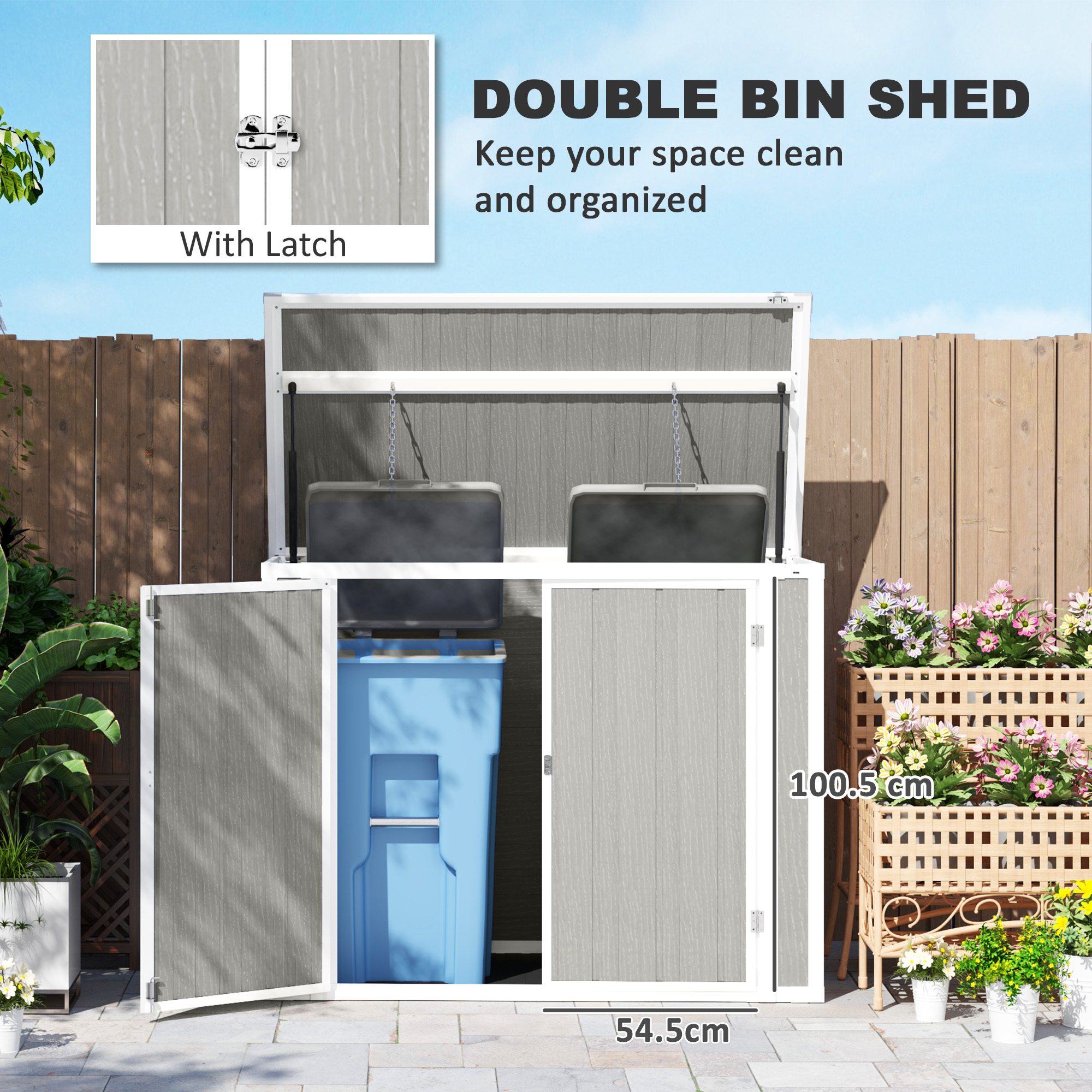 Outsunny 4.7 x 2.5FT Garden Shed, Lockable Outdoor Storage with Openable Lid, Small Shed for 2 Trash Cans, Tools, Patio, Light Grey 7
