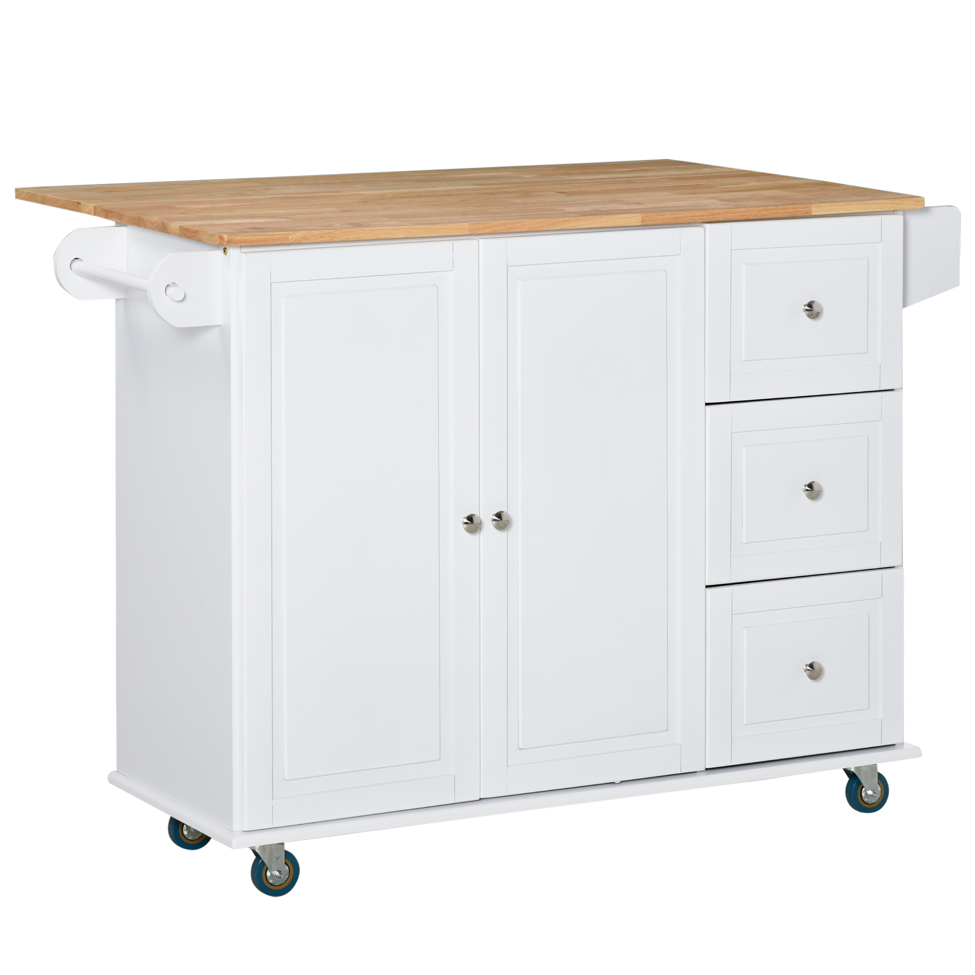 HOMCOM Isla de Cocina con Ruedas Carrito de Servicio con Encimera Extensible Cajones Barra y Especiero 128,8x75,5x92,5 cm Blanco | Aosom España
