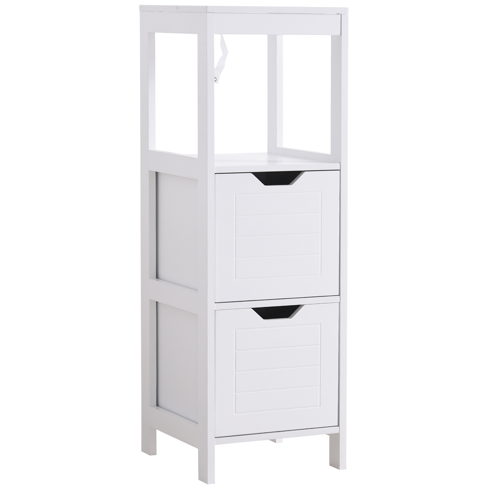 kleankin Armario de Baño Gabinete Multifuncional con Estante Abierto 2 Cajones de Almacenaje Diseño Antivuelco 30x30x89 cm Blanco | Aosom España
