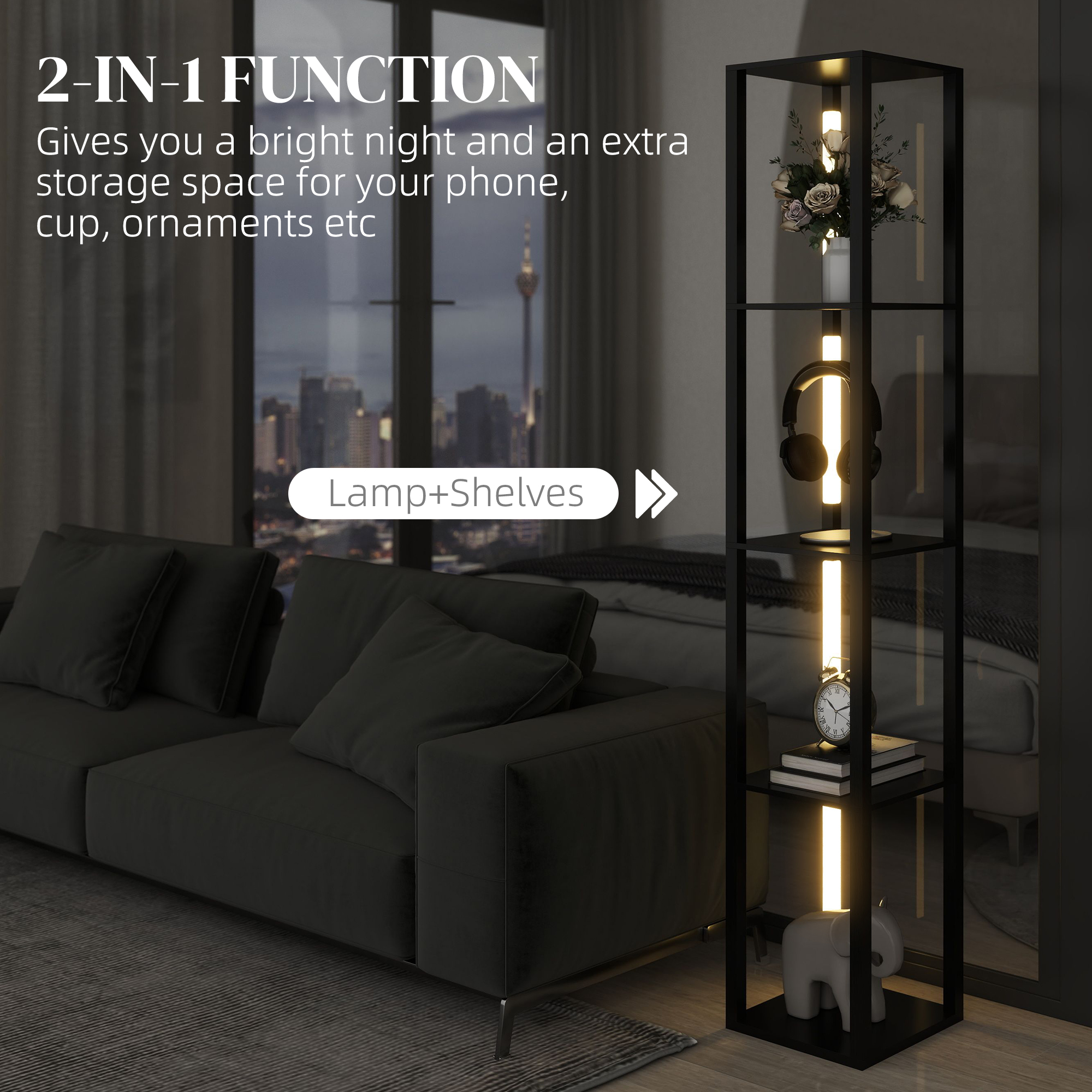HOMCOM LED Floor Lamp with Shelves, Modern Dimmable Standing Lamp with 3 Brightness Levels and Foot Switch for Living Room, Bedroom, Office, Black 4