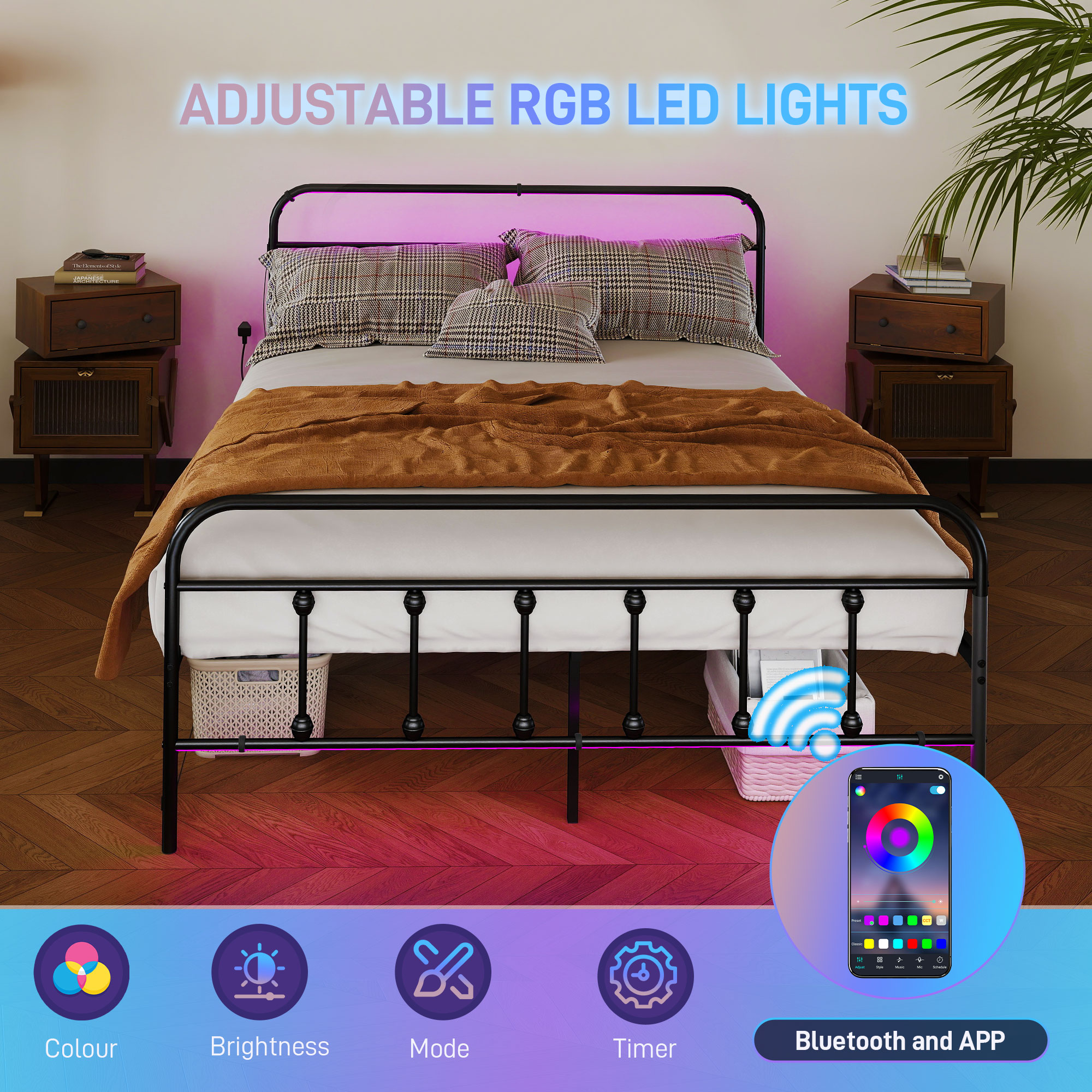 HOMCOM Double Bed Frame with LED Lights and Charging Station, Metal Platform Bed Frame with Under Bed Storage, Black 4