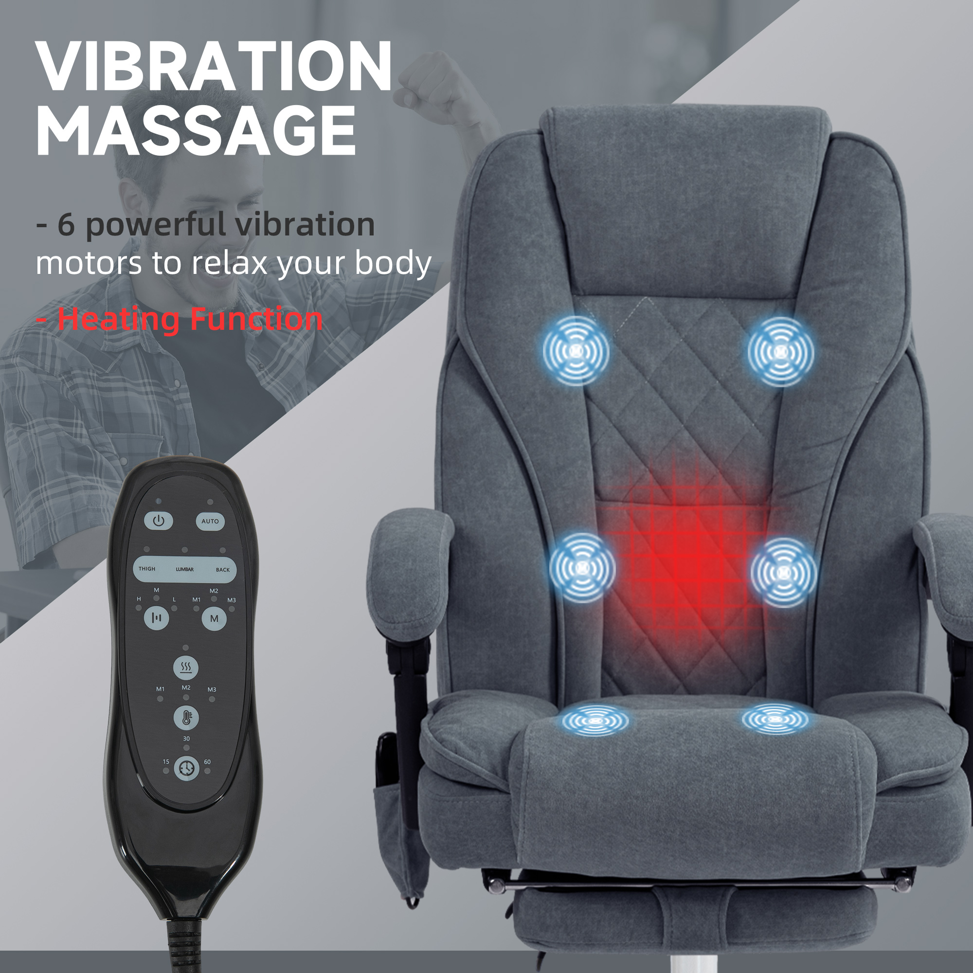 Vinsetto Massage Office Chair, Heated Reclining Computer Chair with Adjustable Height and Footrest, Dark Grey 4
