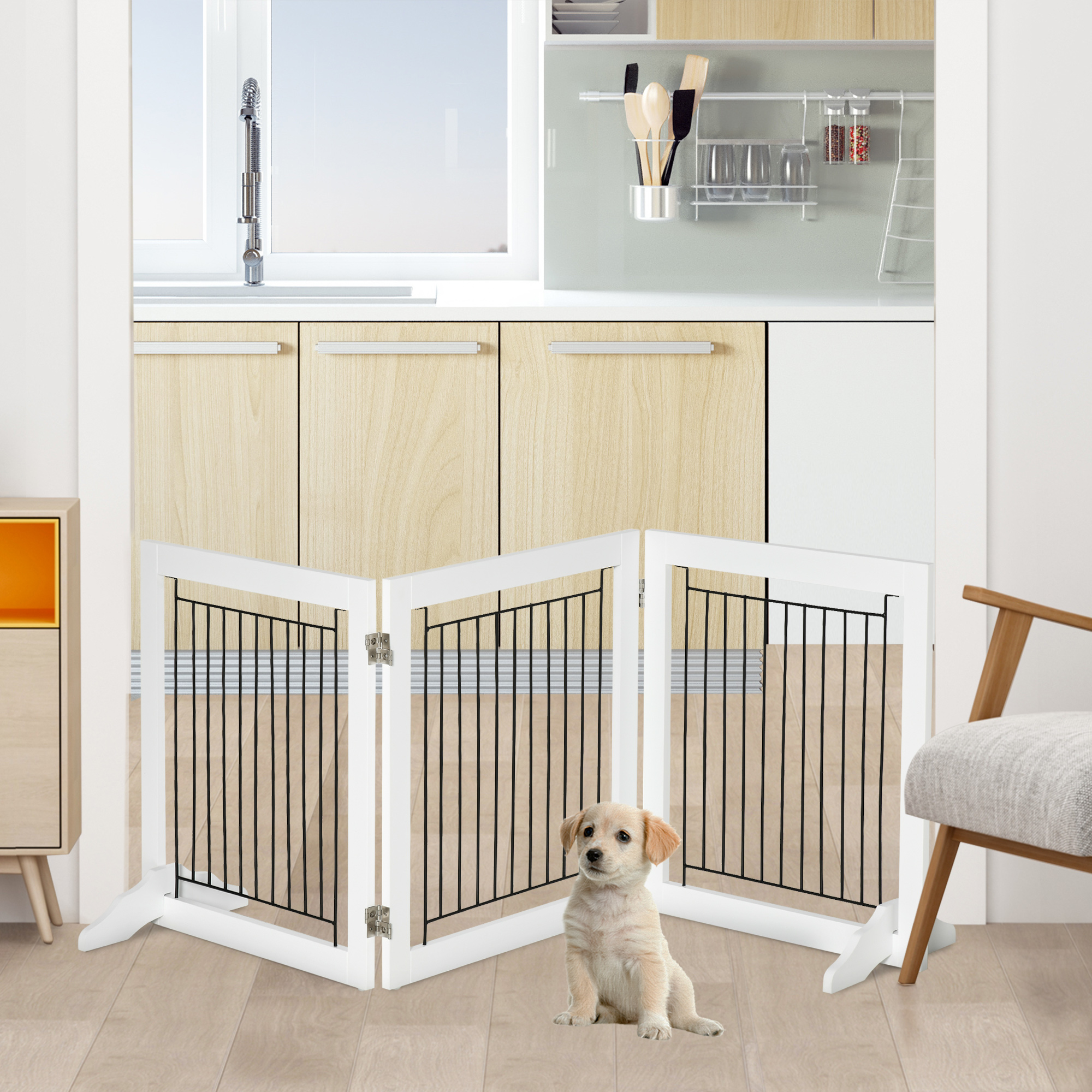 PawHut Extra Tall Pet Gate, Indoor Dog Safety Gate, with Cat Flap, Auto Close, 74-101cm Wide - White
