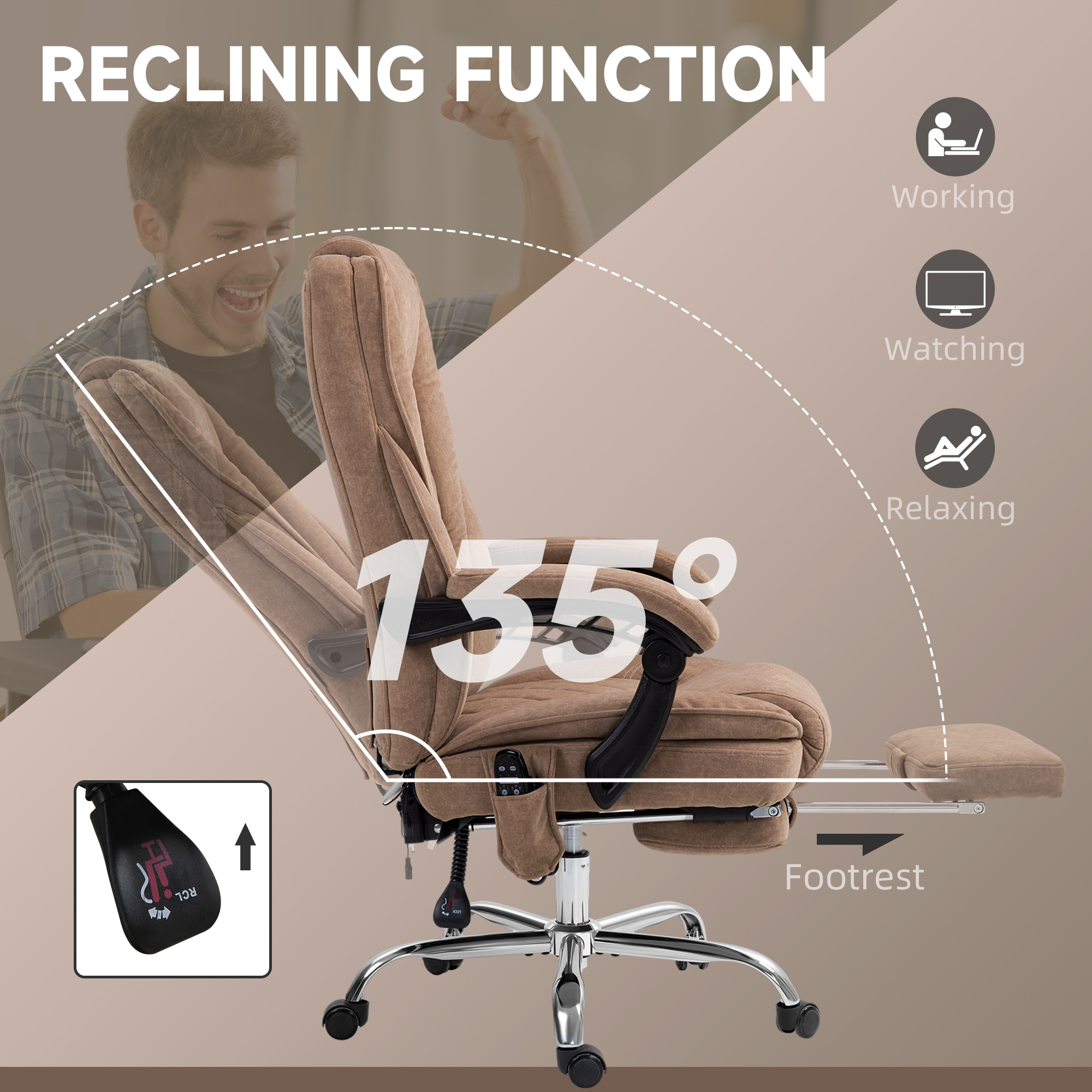 Vinsetto Massage Office Chair, Heated Reclining Computer Chair with Adjustable Height and Footrest, Brown 6