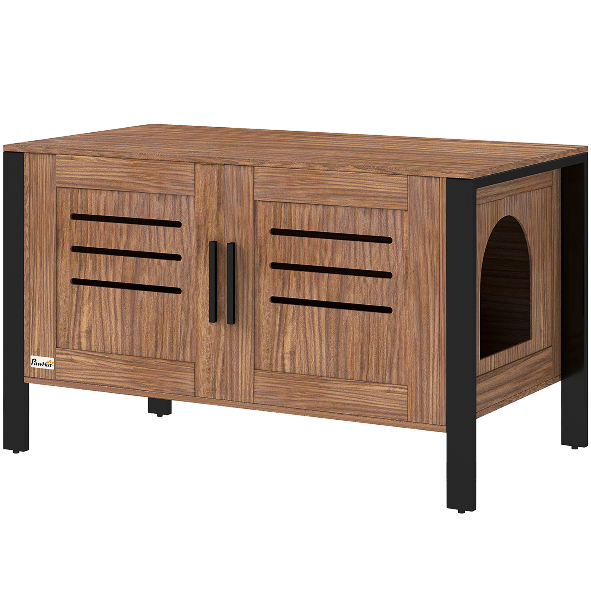 PawHut Cat Litter Box Enclosure with Double Doors and Side Entrance, Non-Slip Pads for Living Room, Walnut Brown