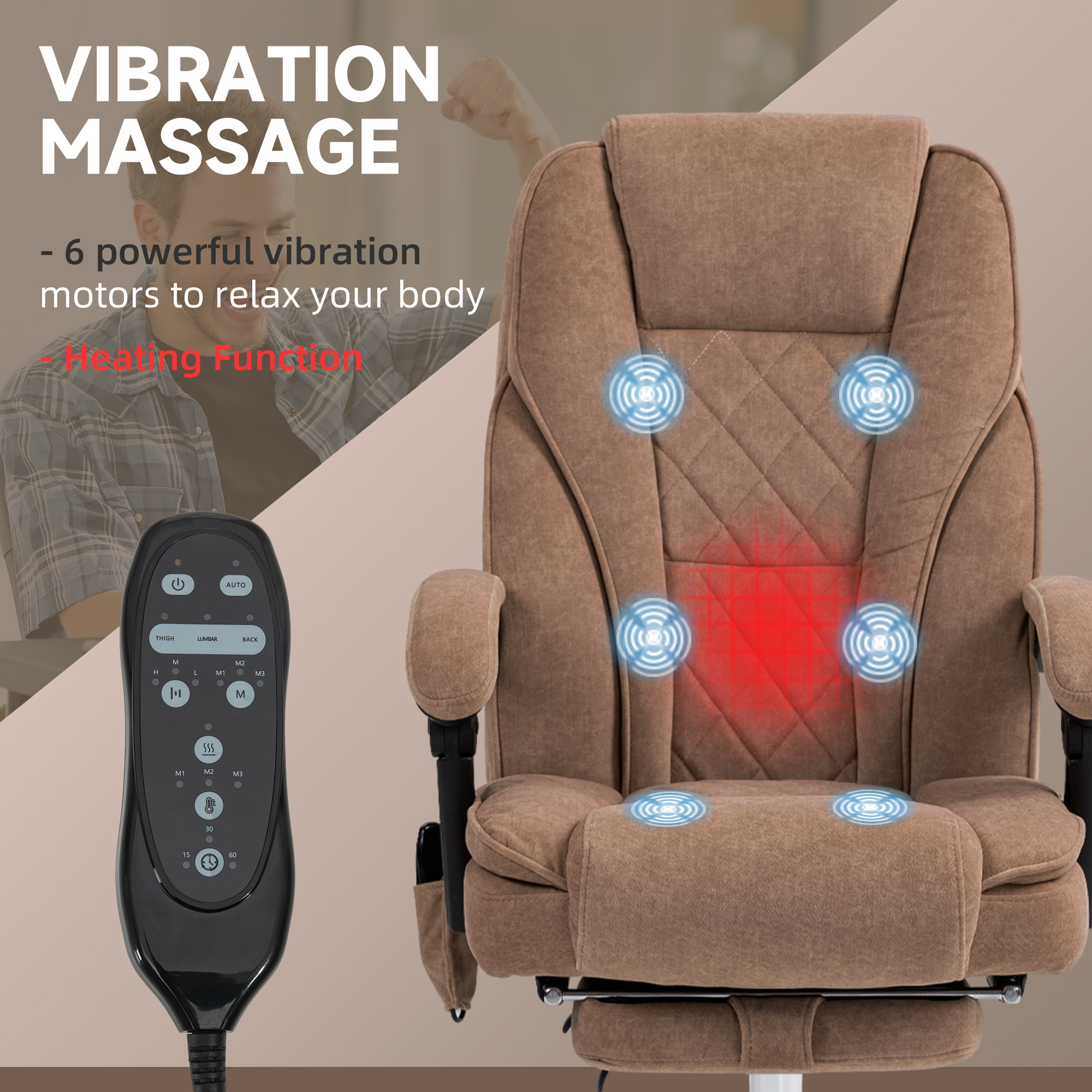 Vinsetto Massage Office Chair, Heated Reclining Computer Chair with Adjustable Height and Footrest, Brown 4