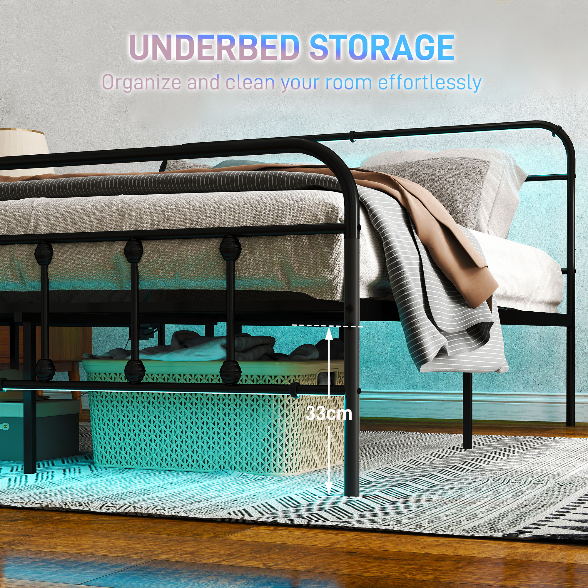 HOMCOM Double Bed Frame with LED Lights and Charging Station, Metal Platform Bed Frame with Under Bed Storage, Black 7