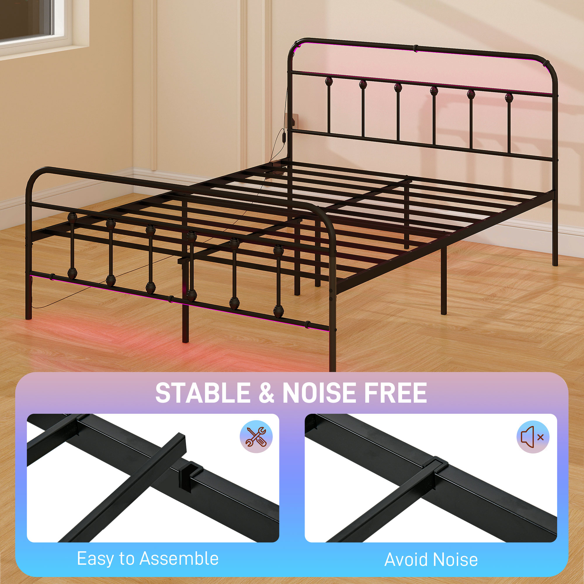 HOMCOM Double Bed Frame with LED Lights and Charging Station, Metal Platform Bed Frame with Under Bed Storage, Black 6