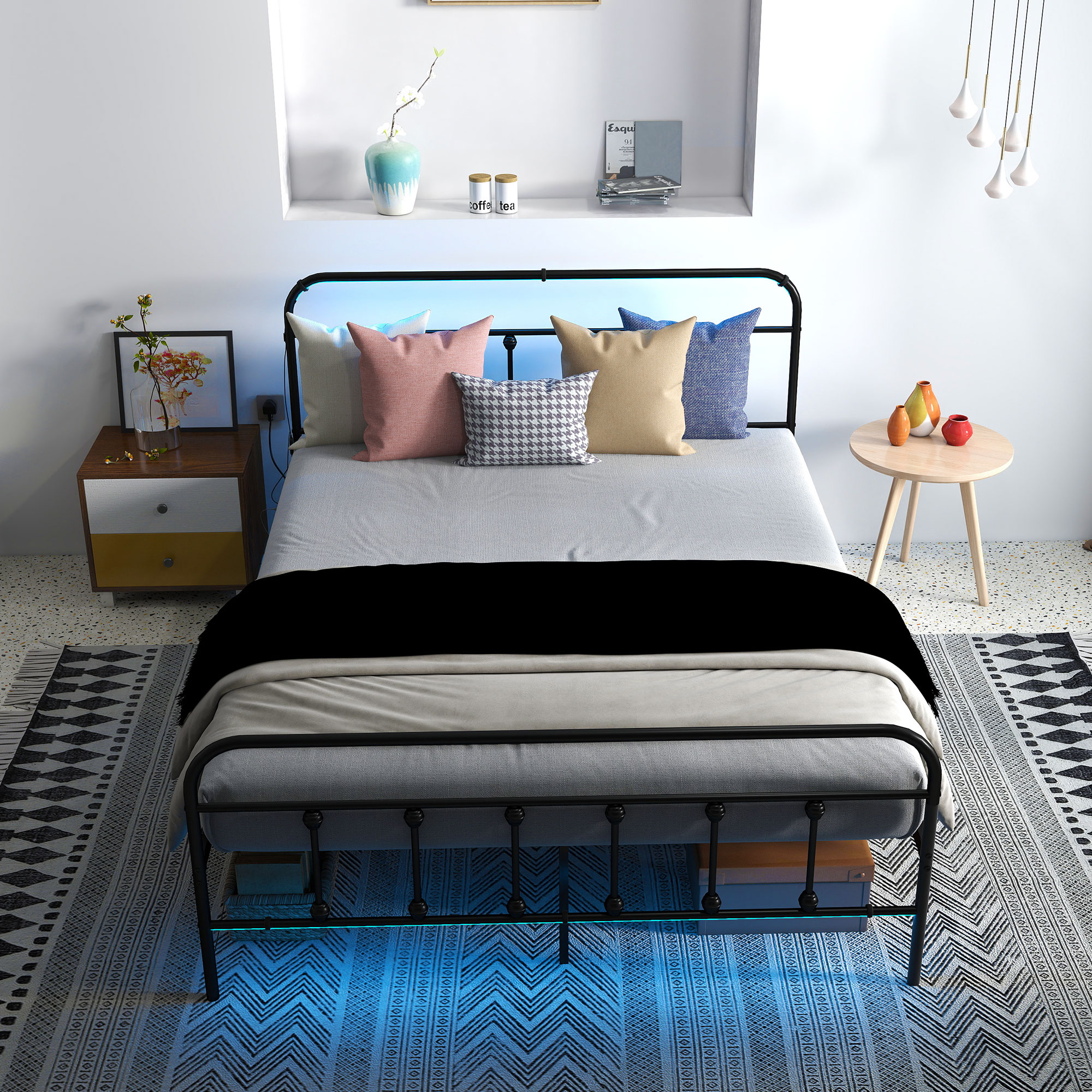 HOMCOM Double Bed Frame with LED Lights and Charging Station, Metal Platform Bed Frame with Under Bed Storage, Black 9