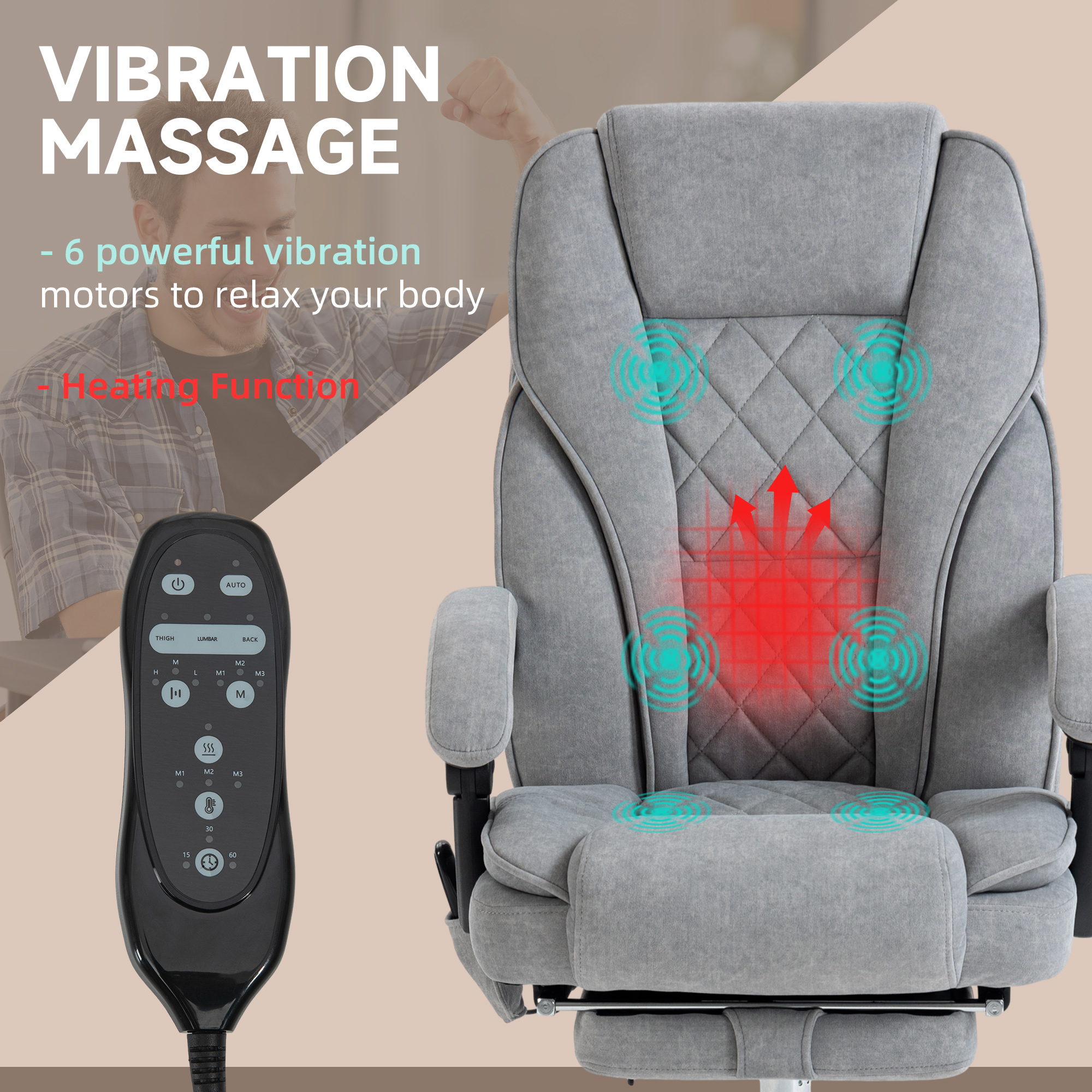 Vinsetto Massage Office Chair, Heated Reclining Computer Chair with Adjustable Height and Footrest, Grey 4