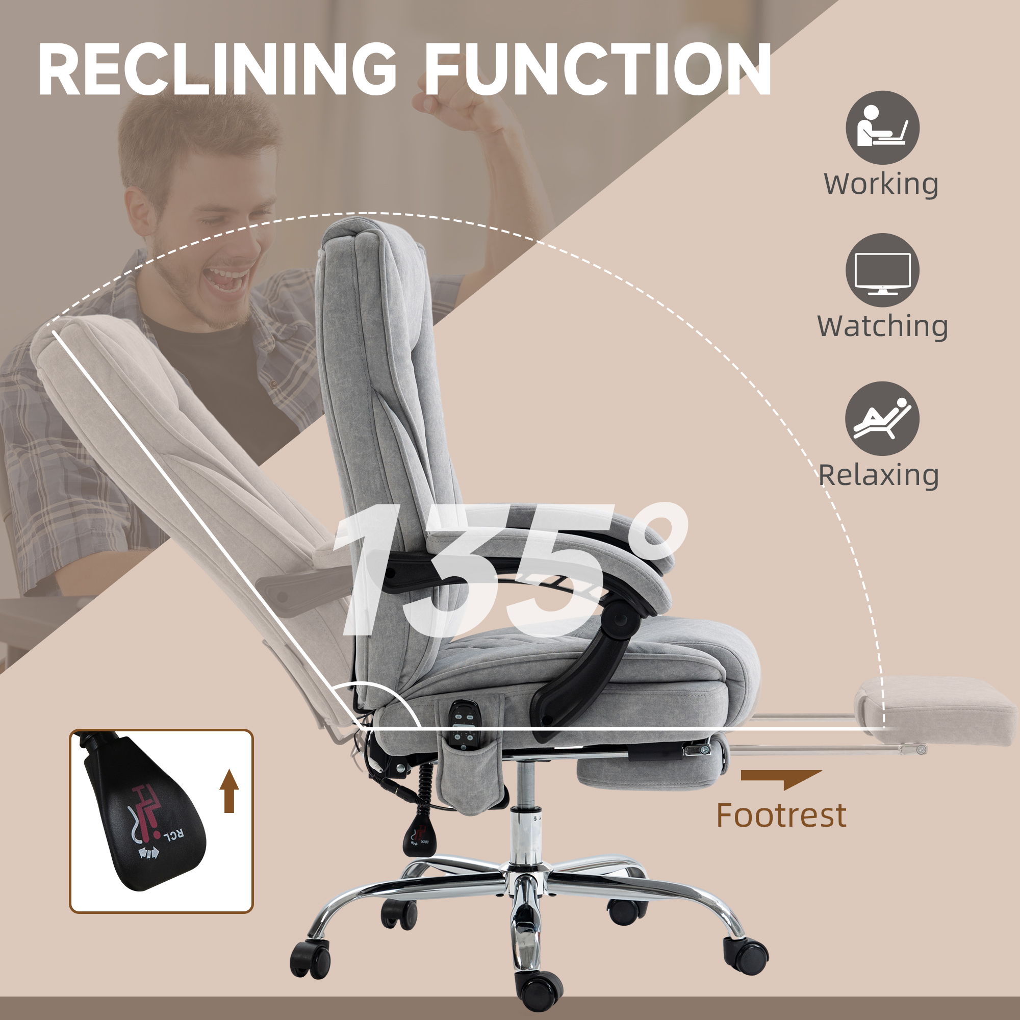 Vinsetto Massage Office Chair, Heated Reclining Computer Chair with Adjustable Height and Footrest, Grey 6