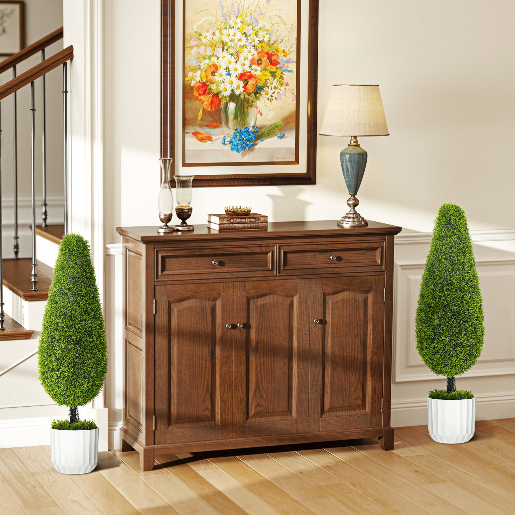  Set de 2 plante false de chiparos cu ghivece Ø12x16 cm, muschi si ciment, din PE si plastic, verde si alb [1]