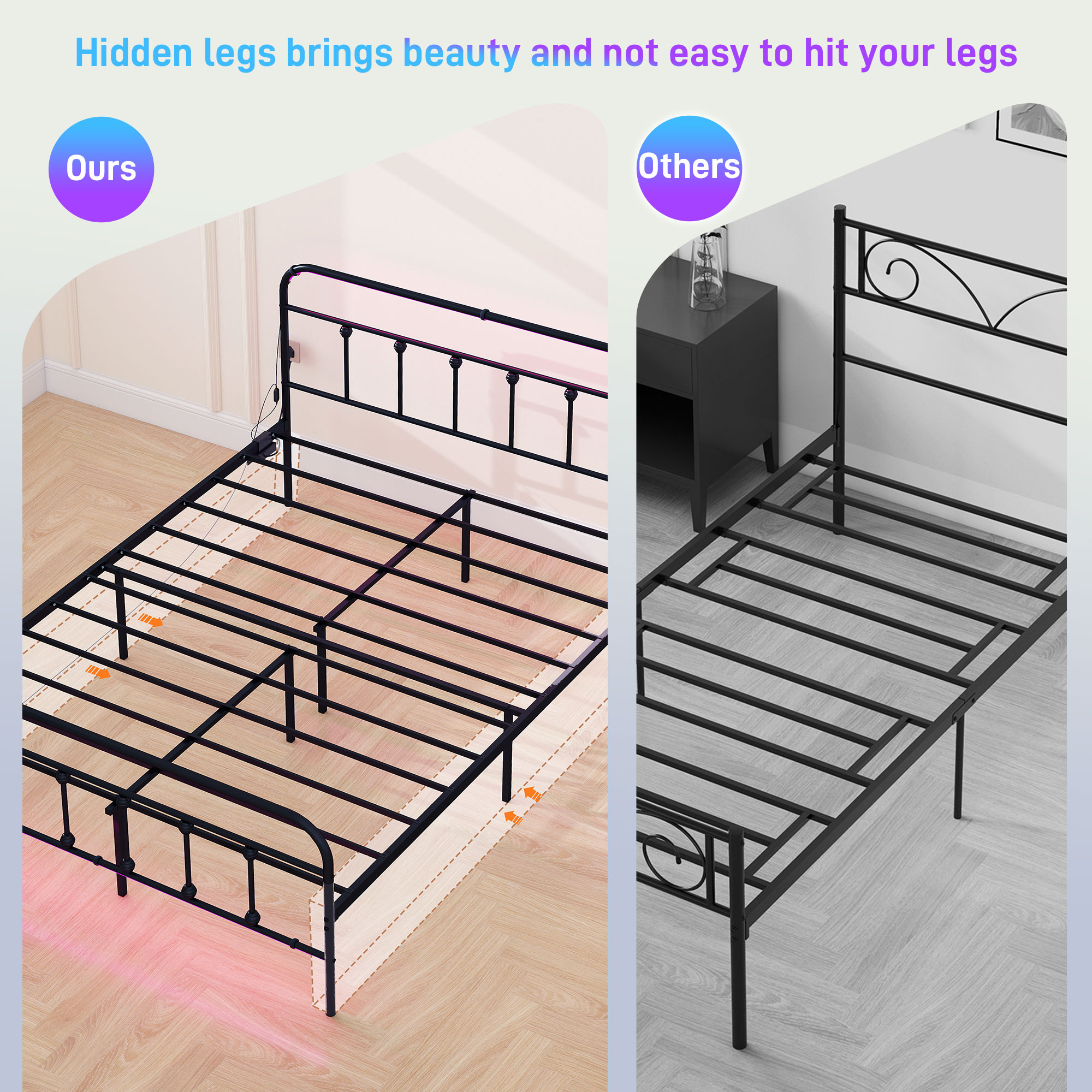 HOMCOM Double Bed Frame with LED Lights and Charging Station, Metal Platform Bed Frame with Under Bed Storage, Black 8