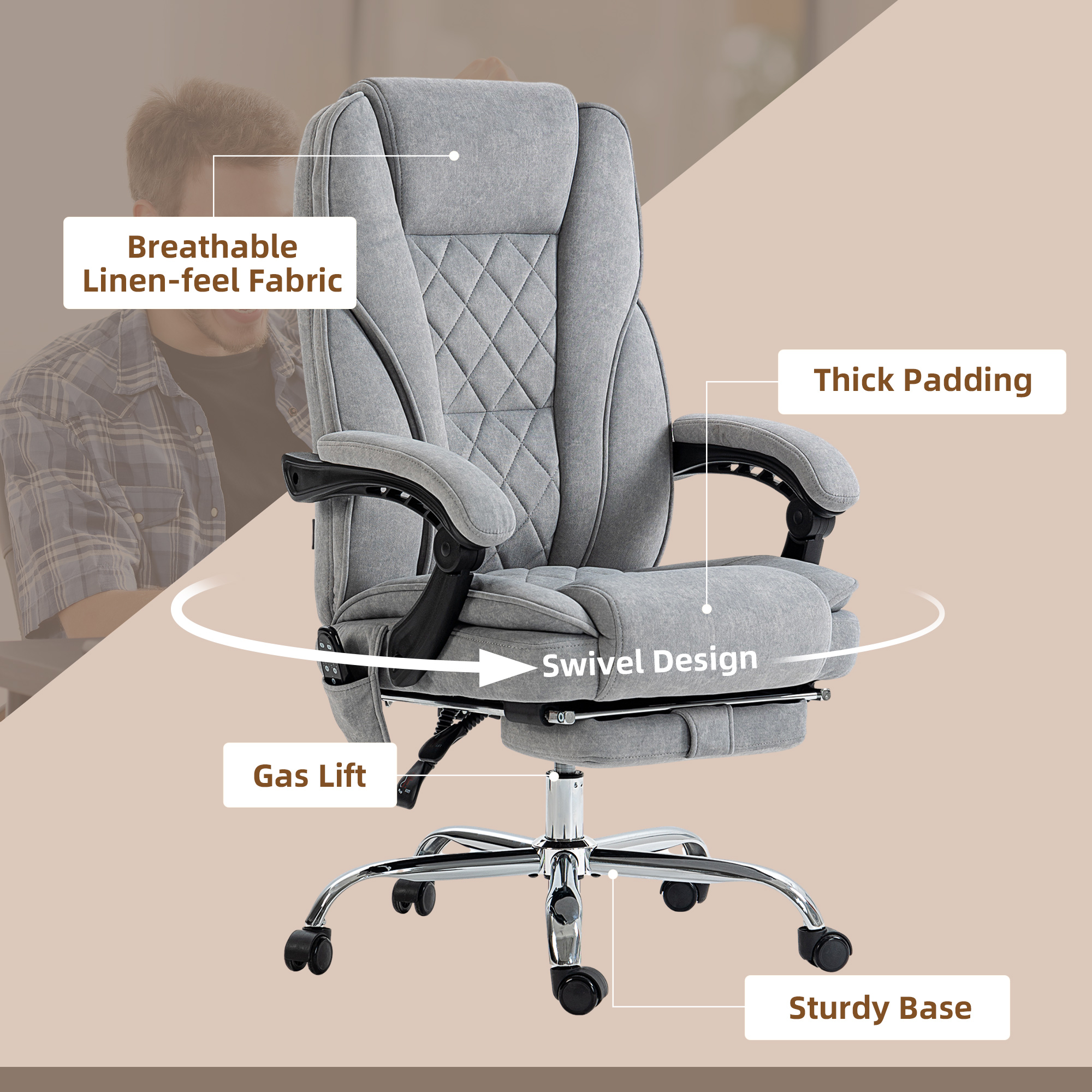 Vinsetto Massage Office Chair, Heated Reclining Computer Chair with Adjustable Height and Footrest, Grey 7