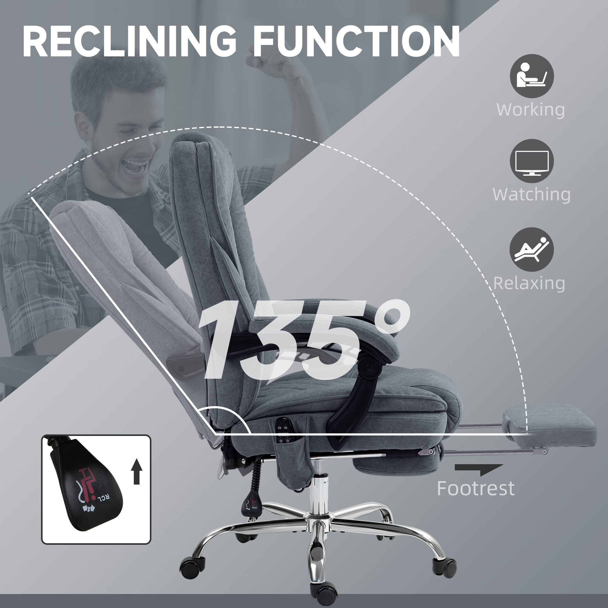 Vinsetto Massage Office Chair, Heated Reclining Computer Chair with Adjustable Height and Footrest, Dark Grey 6