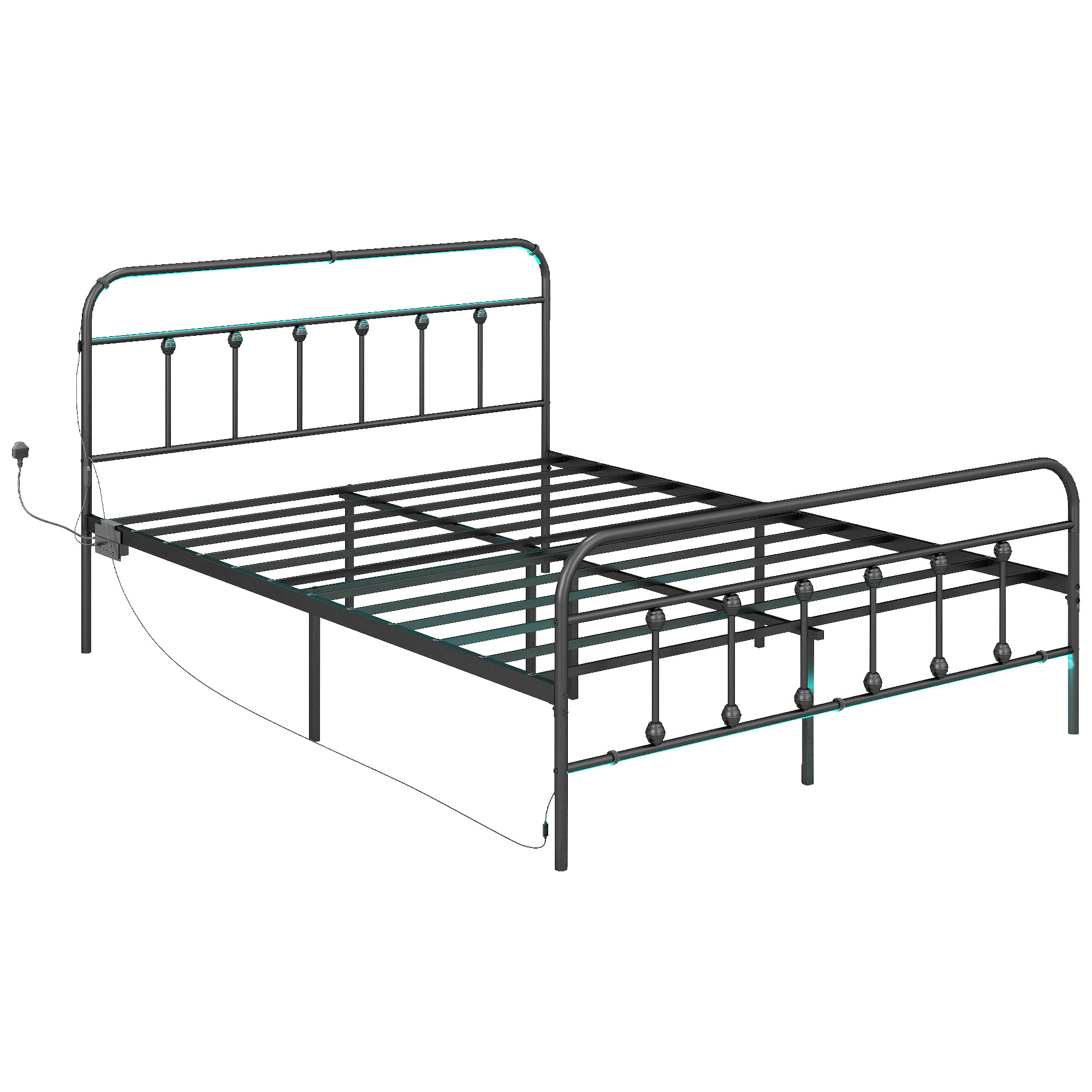 HOMCOM Double Bed Frame with LED Lights and Charging Station, Metal Platform Bed Frame with Under Bed Storage, Black 2