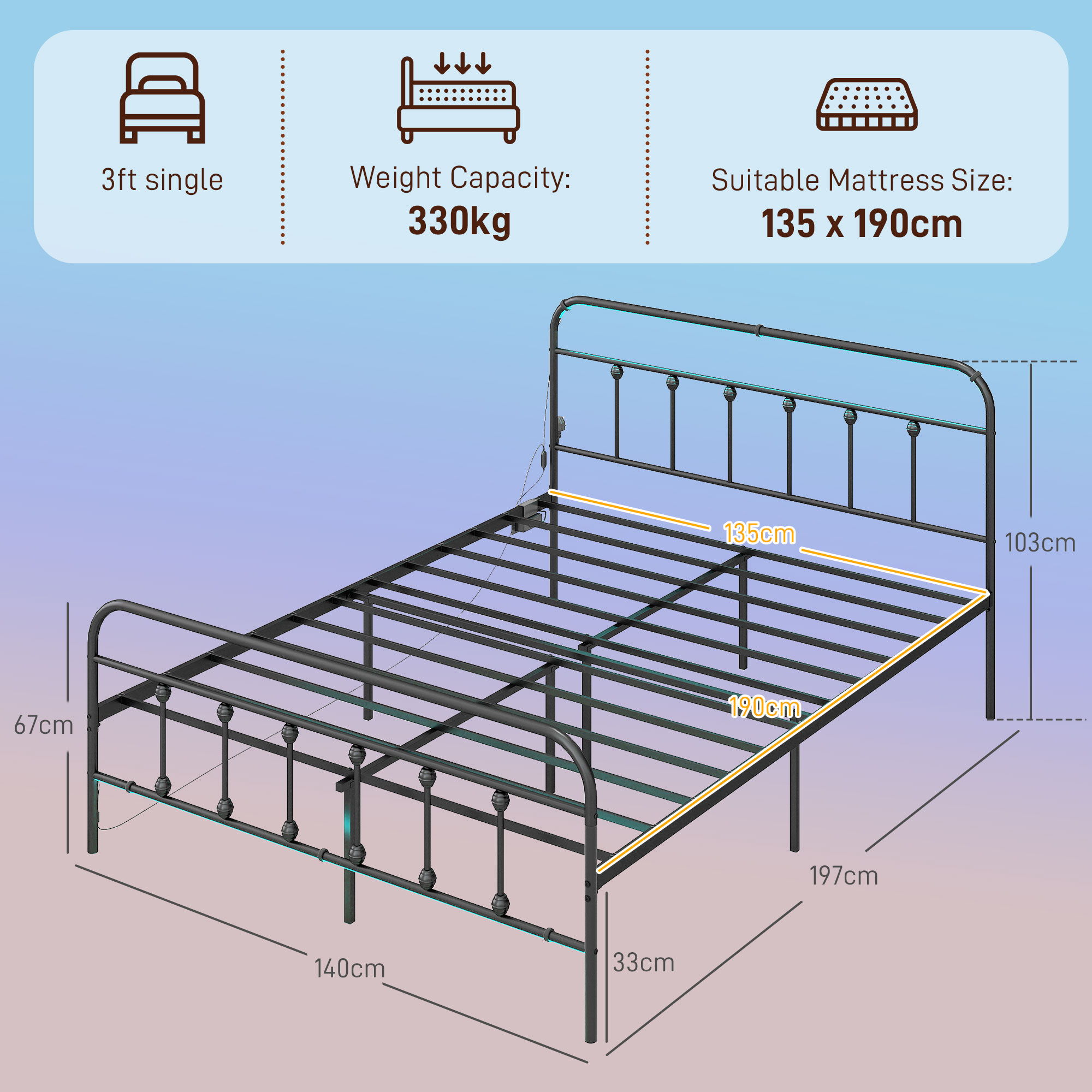 HOMCOM Double Bed Frame with LED Lights and Charging Station, Metal Platform Bed Frame with Under Bed Storage, Black 3