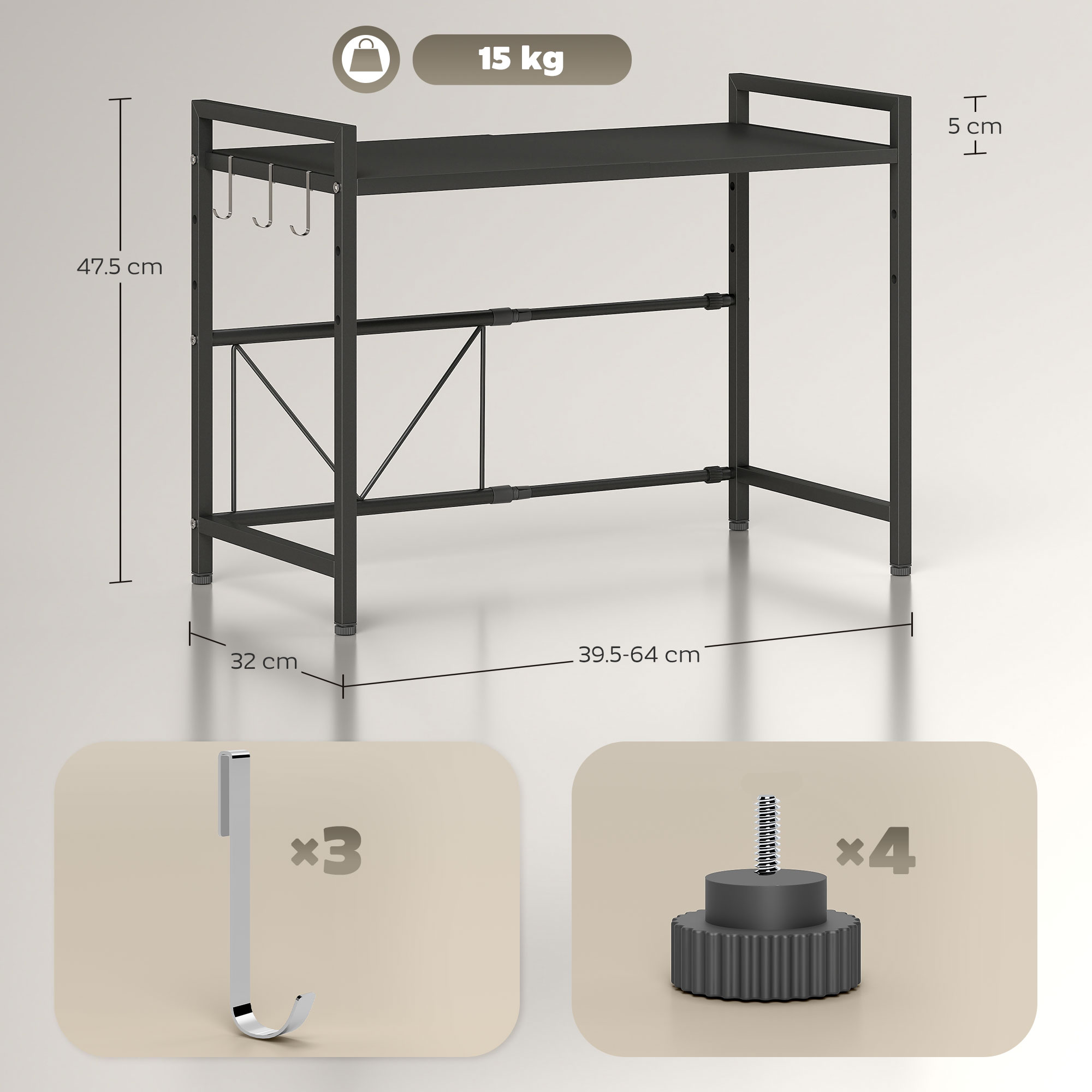 HOMCOM Expandable Microwave Oven Rack with 3 Hooks Black 3