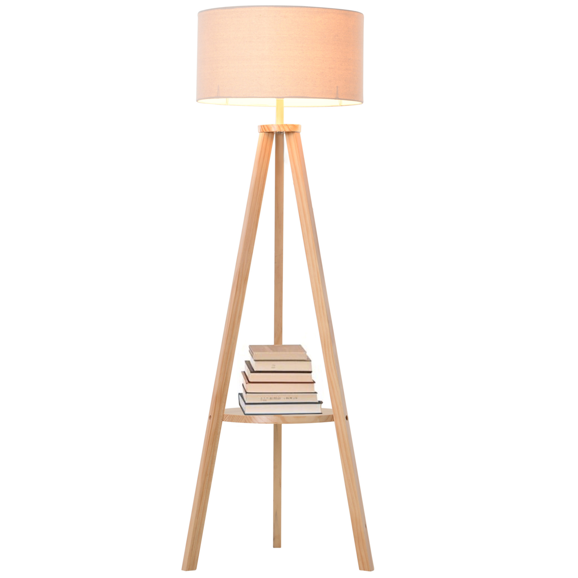 Homcom Natural Wood Finish Freestanding Tripod Floor Lamp Bedside Light Reading Light With Storage Shelf Linen Shade For Living Room Bedroom, 154Cm, Cream | Aosom Uk