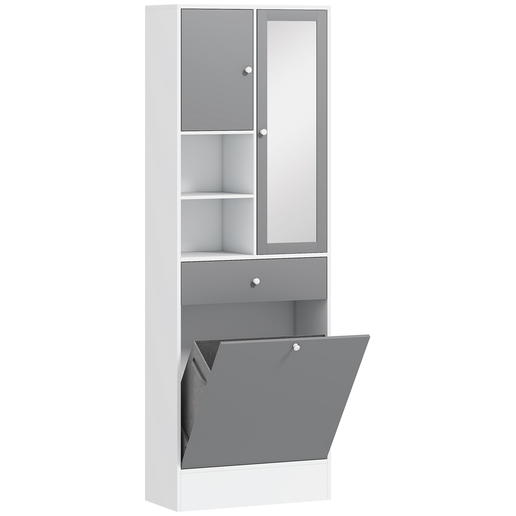 HOMCOM Armario de Baño con Cesto Ropa Sucia Espejo Cajón Compartimentos y Estantes Ajustables 62x28,3x181 cm Blanco y Gris