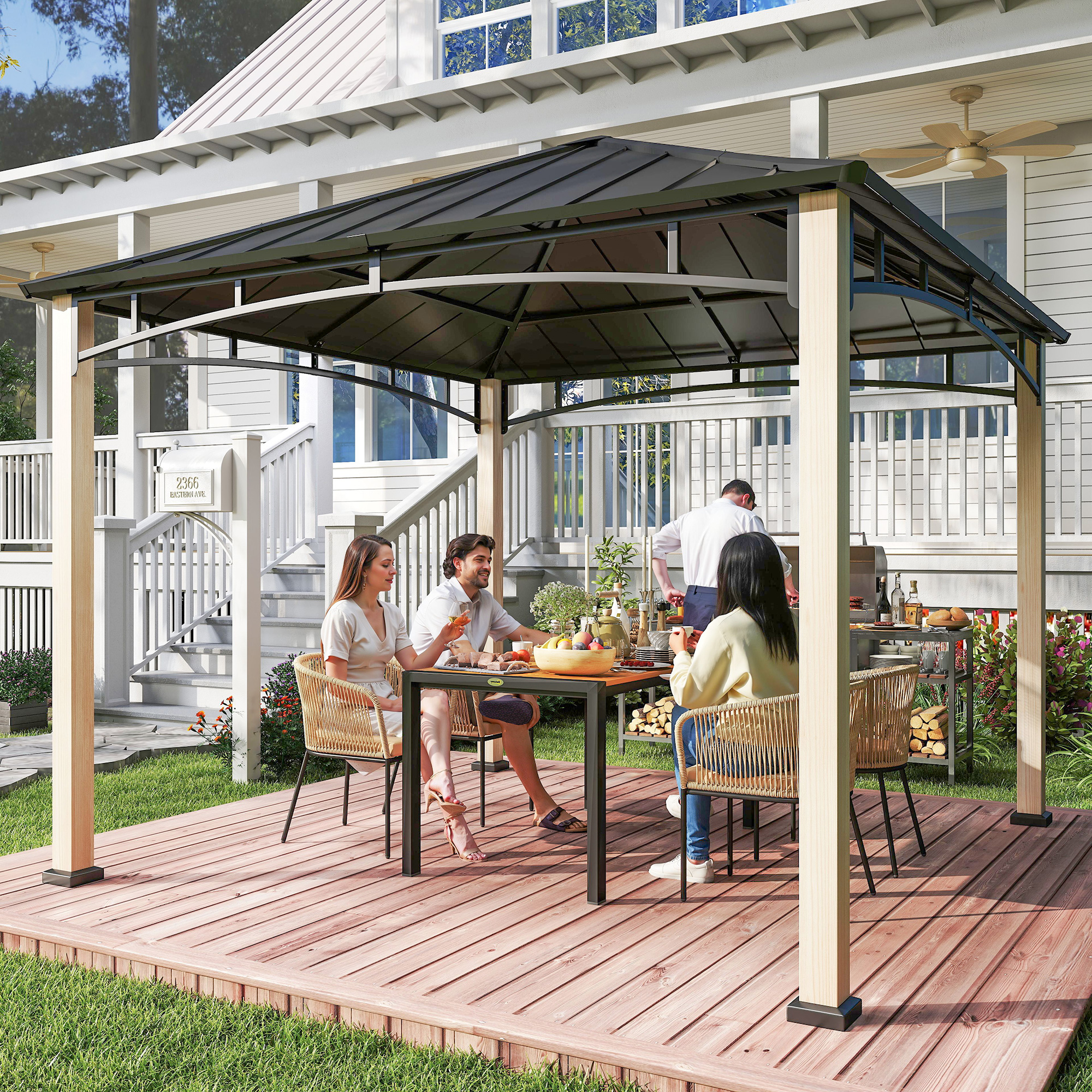 Outsunny 3 x 3 m Decorative Metal Gazebo Black/Wood-Effect 2