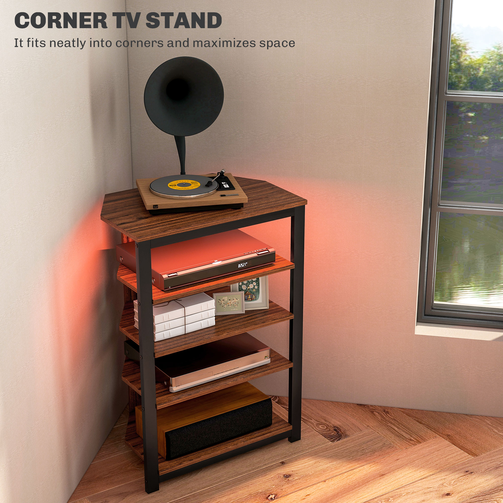 HOMCOM 4-Tier Corner TV Stand with Storage, LED Lights, Cable Management, Small TV Unit Entertainment Centre for TVs up to 29", for Living Room, Bedroom 4