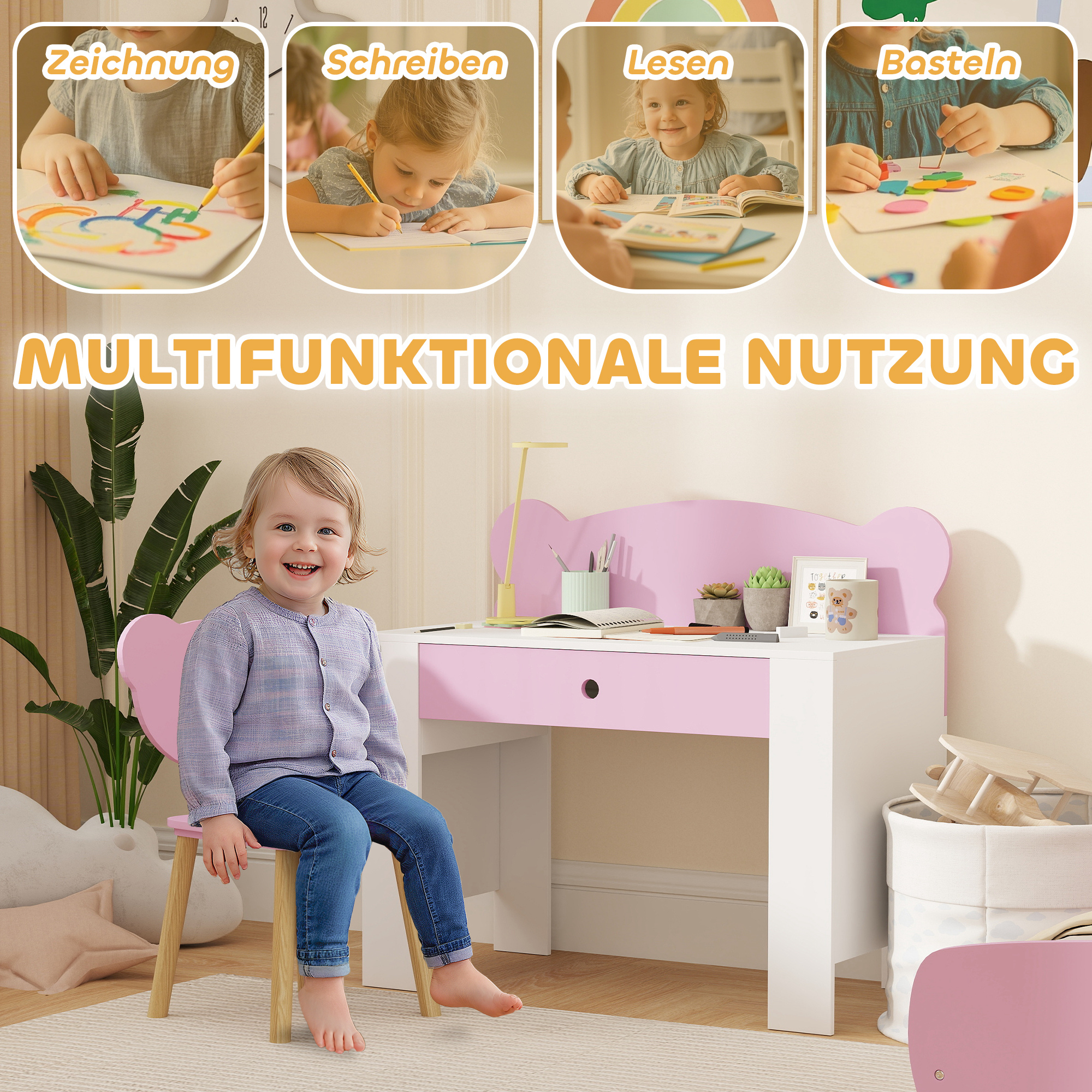Laste kirjutuslaua komplekt, töölaud ja tool karukujulises stiilis, sahtliga, kirjutamiseks ja meisterdamiseks, vanuses 3-8, roosa