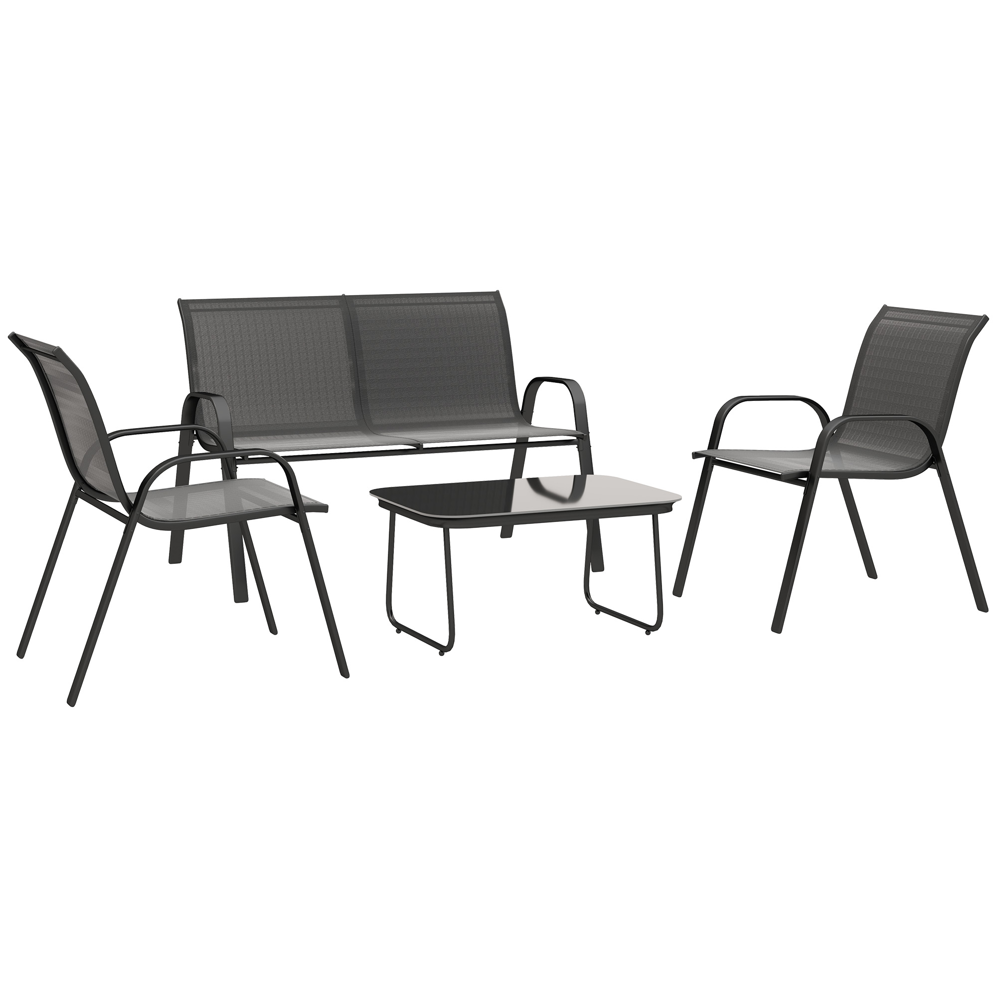 Outsunny Conjunto de Muebles de Jardín de 4 Piezas con 2 Sillas Apilables y Banco de 2 Plazas con Mesa de Café de Vidrio Negro