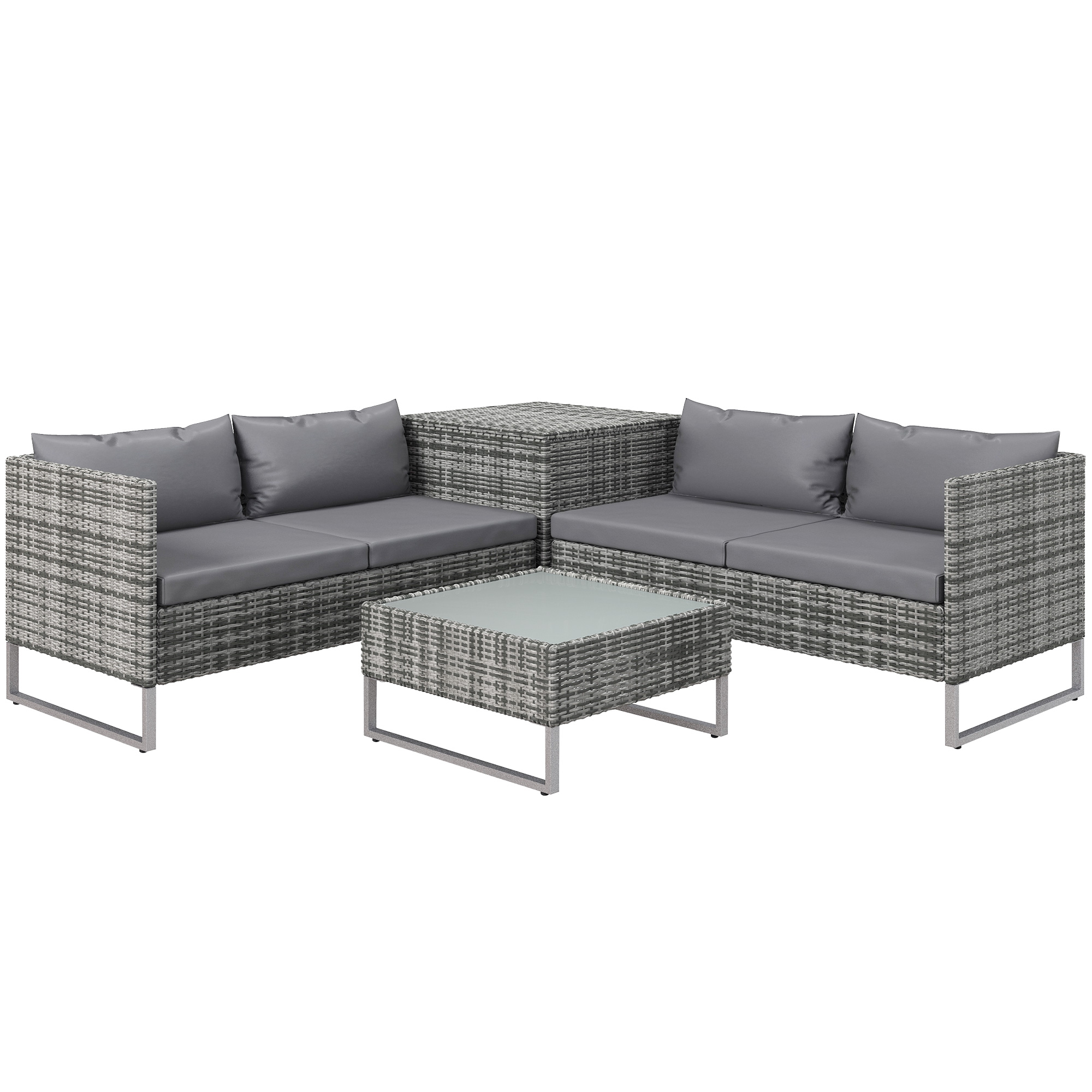 Outsunny Conjunto 4 Muebles de Jardín de Ratán con 2 Sofás Dobles Mesa Central con Arcón Cojines Extraíbles 132x69x64 cm | Aosom España