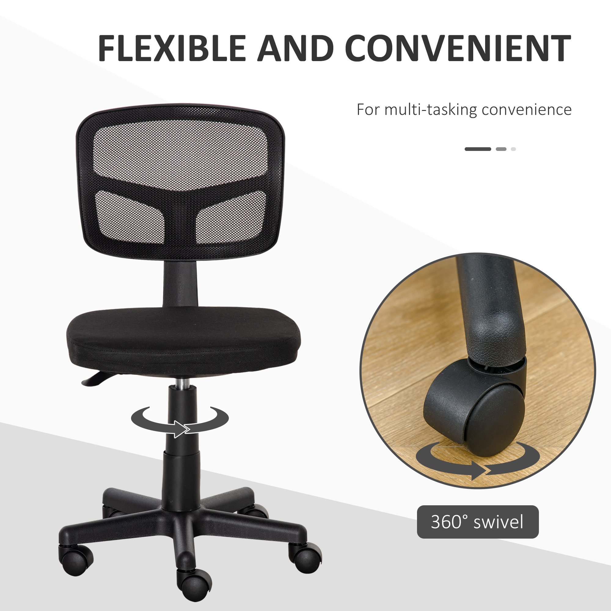 Vinsetto Small Office Chair without Arms, Ergonomic Swivel Mesh Desk Chair with Curved Back and Wheels, Height Adjustable, for Home Vanity Computer Dressing Table Study Bedroom, Holds Up to 120 kg 6