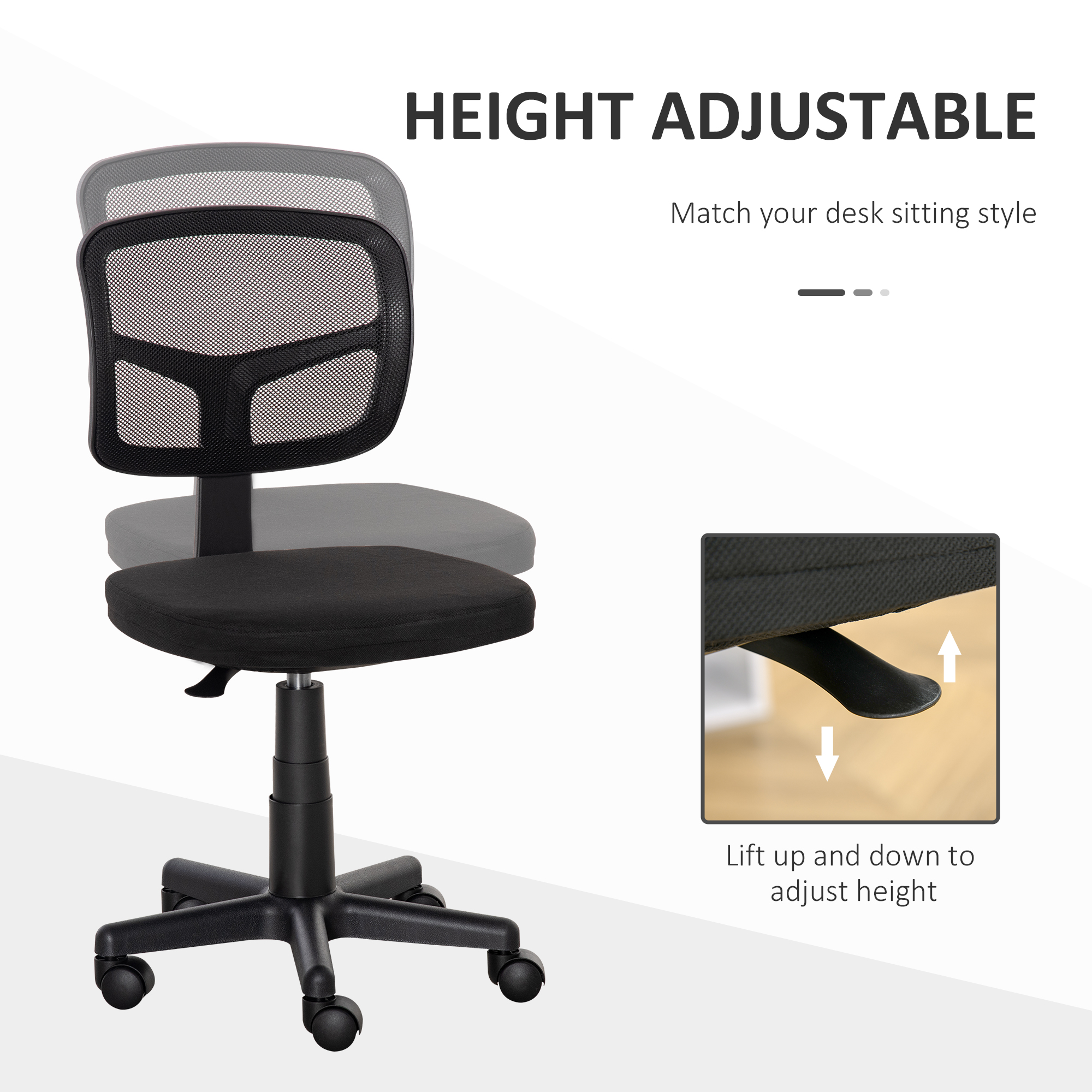 Vinsetto Small Office Chair without Arms, Ergonomic Swivel Mesh Desk Chair with Curved Back and Wheels, Height Adjustable, for Home Vanity Computer Dressing Table Study Bedroom, Holds Up to 120 kg 4