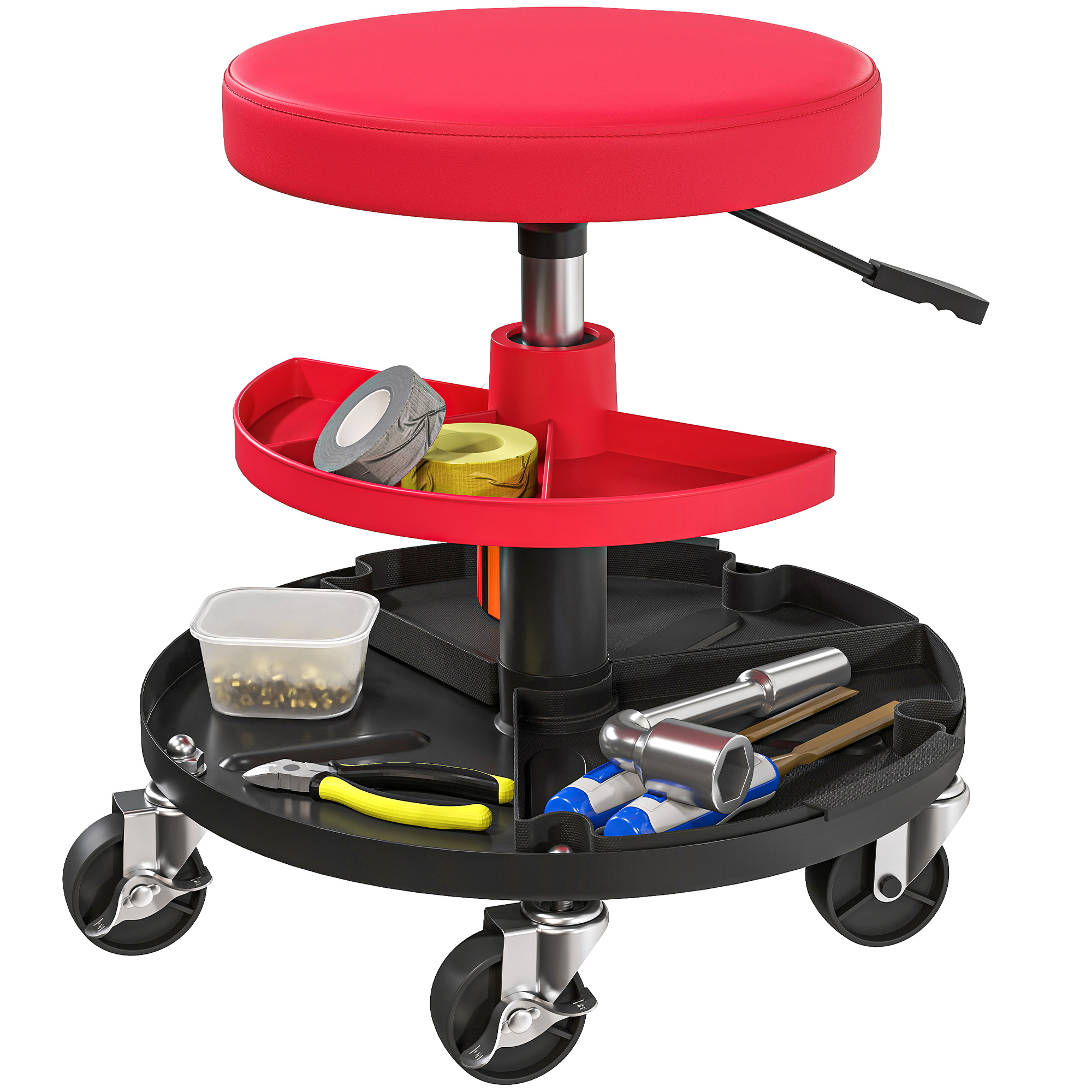 GYMAX Taburete Taller Con Ruedas Y Cajones – Soporta 150 Kg, Asiento Acolchado, Bandeja Y PortaLatas, Ideal Para Garaje