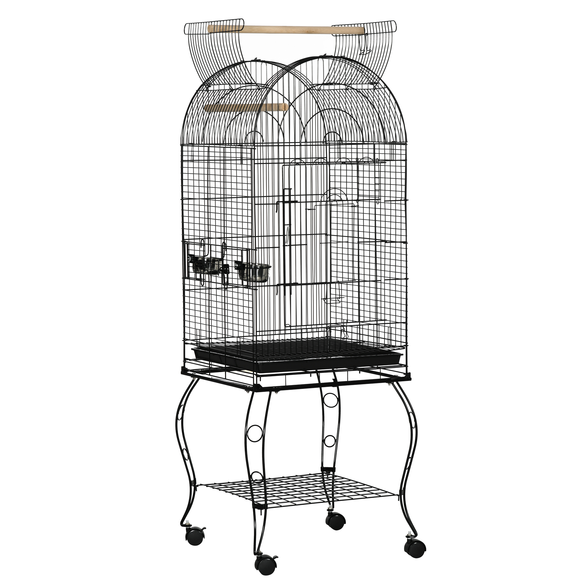 PawHut Jaula para Pájaros con Soporte Ruedas Acero Bandeja Extraíble 2 Comederos 51x51x153 cm Negro | Aosom España