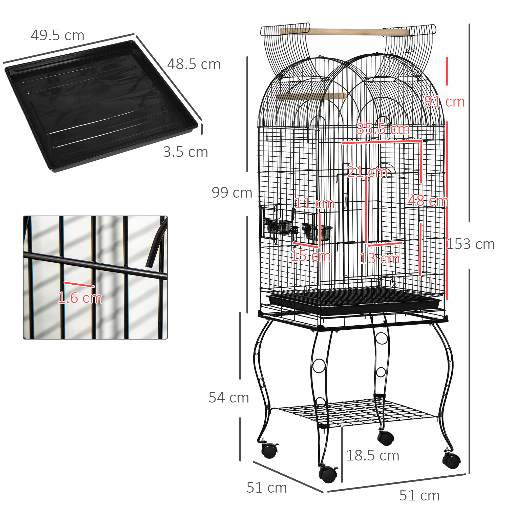 PawHut 1.53(m) Bird Cage, Pet Viary, Feeding Stand, with Wheels, Perch 3
