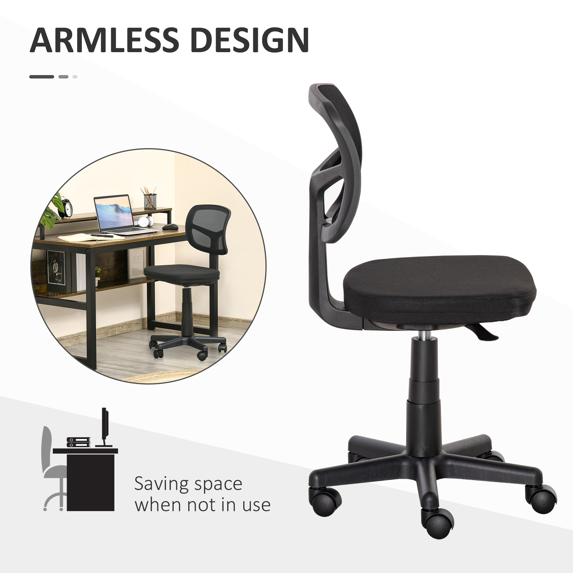Vinsetto Small Office Chair without Arms, Ergonomic Swivel Mesh Desk Chair with Curved Back and Wheels, Height Adjustable, for Home Vanity Computer Dressing Table Study Bedroom, Holds Up to 120 kg 5