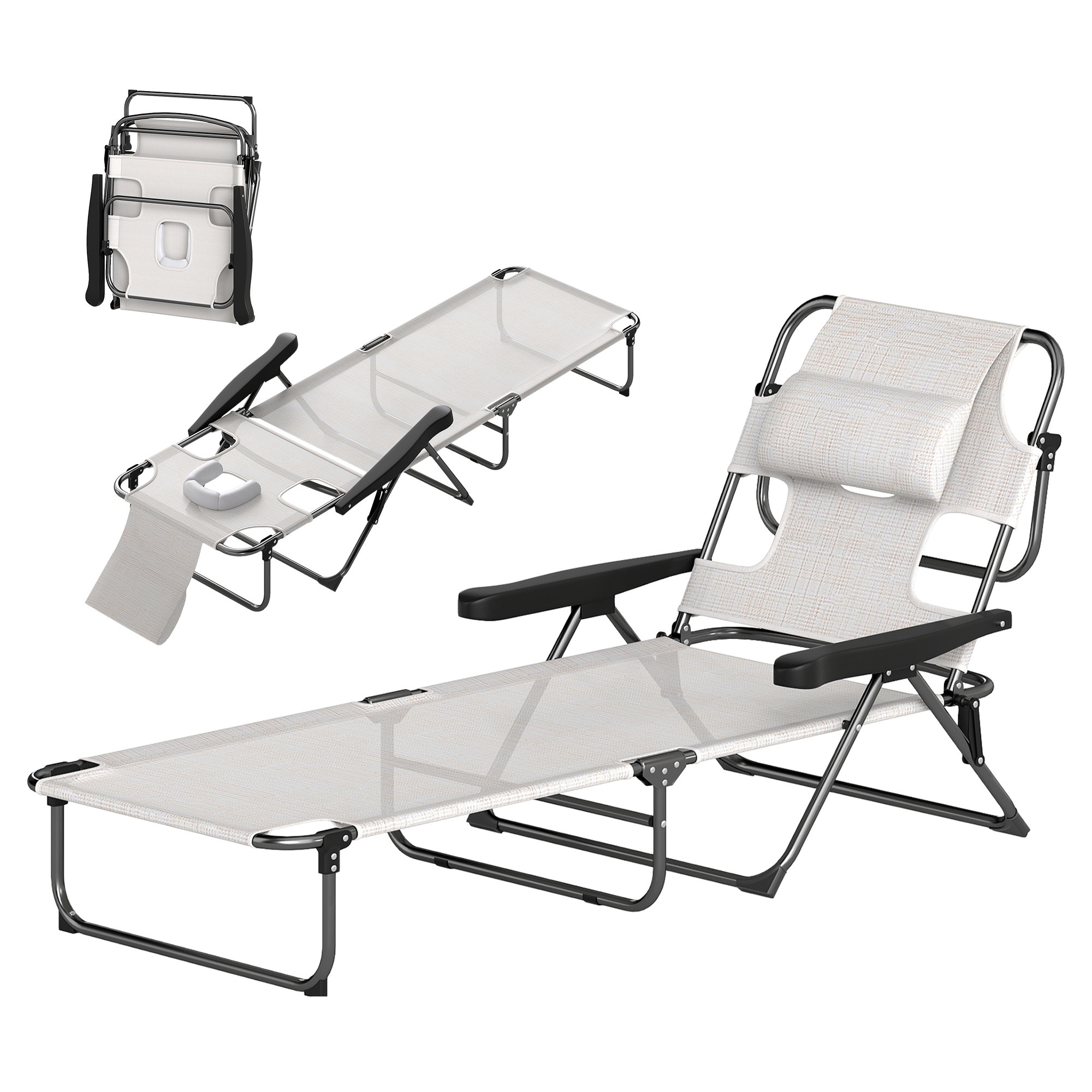 Outsunny Chaise longue de jardin pliante dossier réglable sur 4 niveaux, trou de lecture et appui-tête 72 x 194 x 89 cm crème