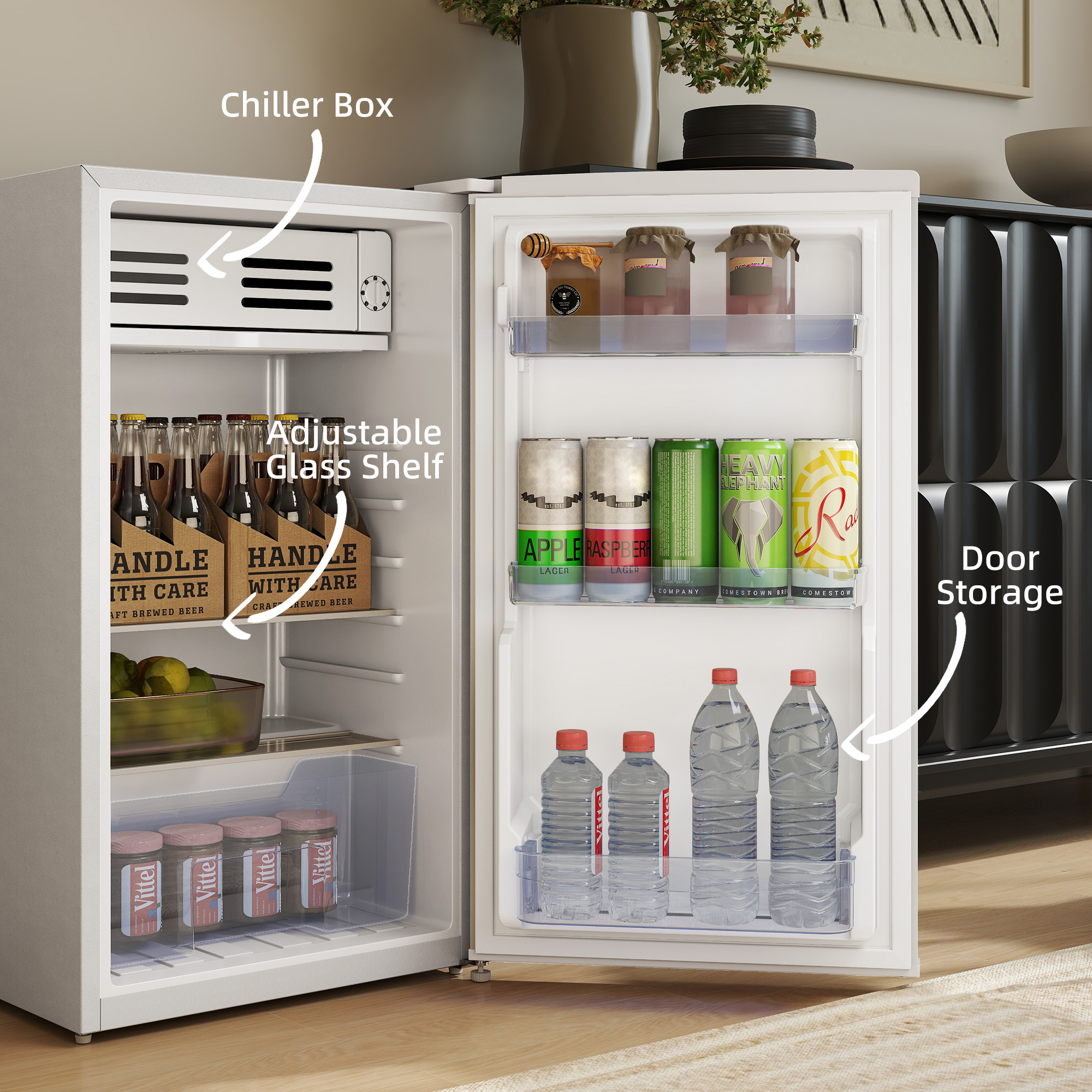 HOMCOM Under Counter Fridge, 85L Small Retro Refrigerator with Chiller Box, Adjustable Thermostat, Glass Shelves, White 4