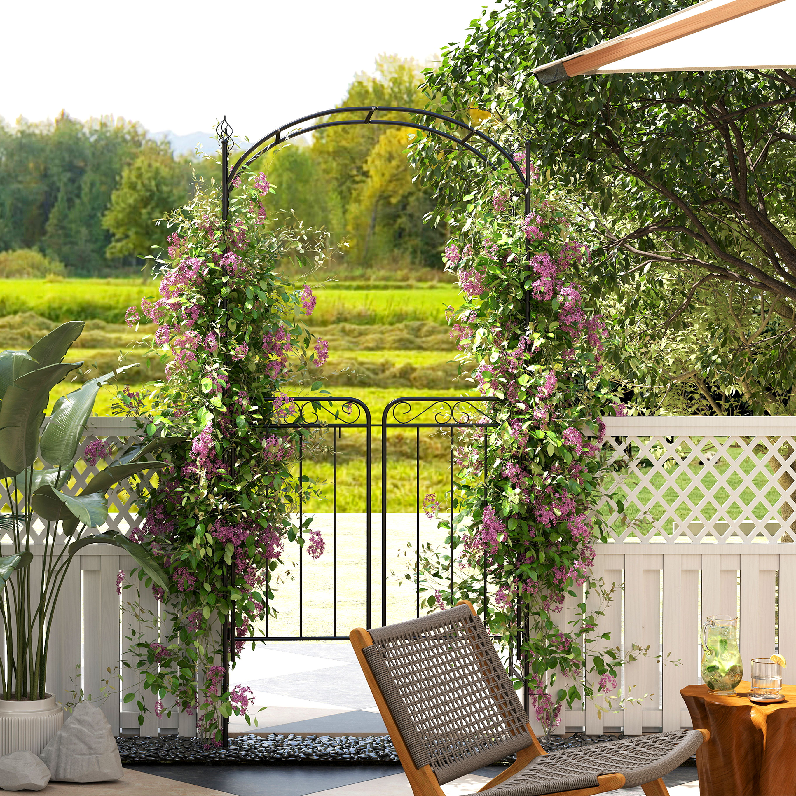 Outsunny Garden Decorative Metal Arch with Gate Outdoor Patio Trellis Arbor for Climbing Plant Archway Antique Black 108L x 45W x 215Hcm 2