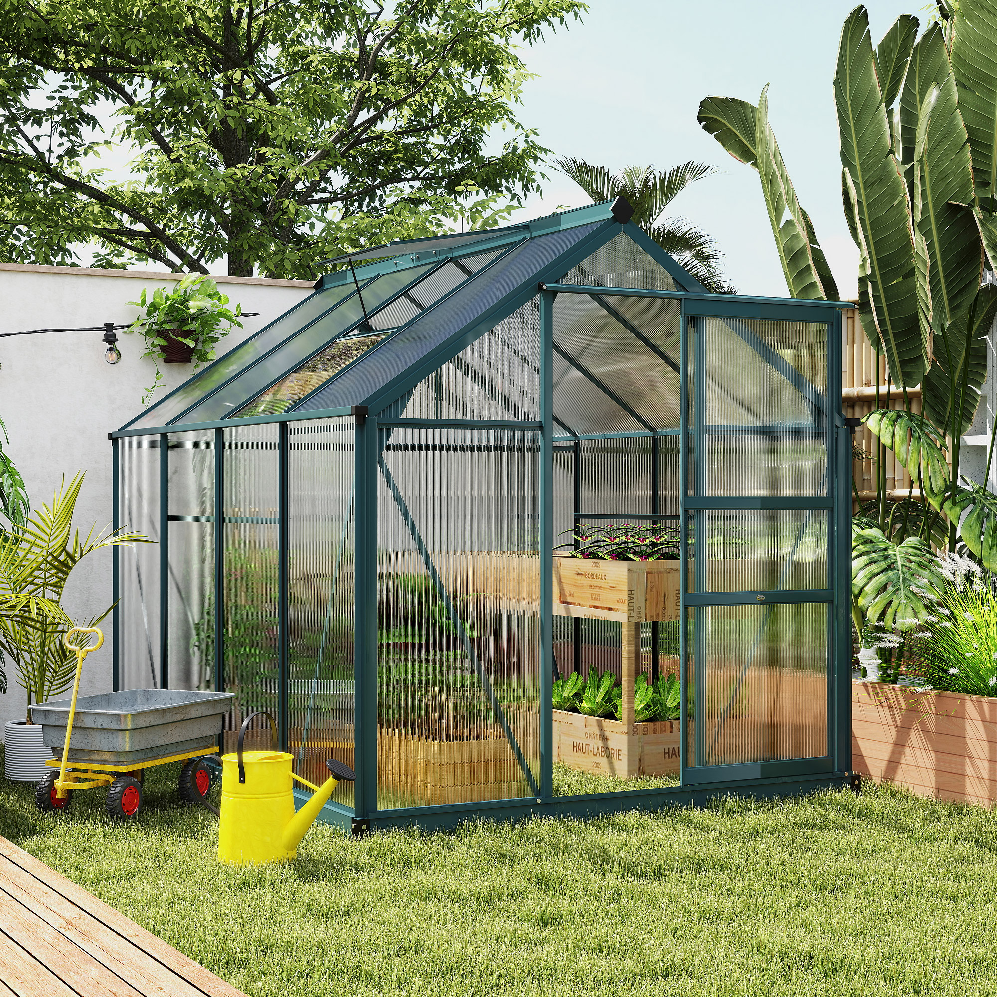 Outsunny 6 x 8ft Polycarbonate Greenhouse, Large Walk-In Green House with Slide Door and Window, Garden Plants Grow House with Aluminium Frame and Foundation, Dark Green 2