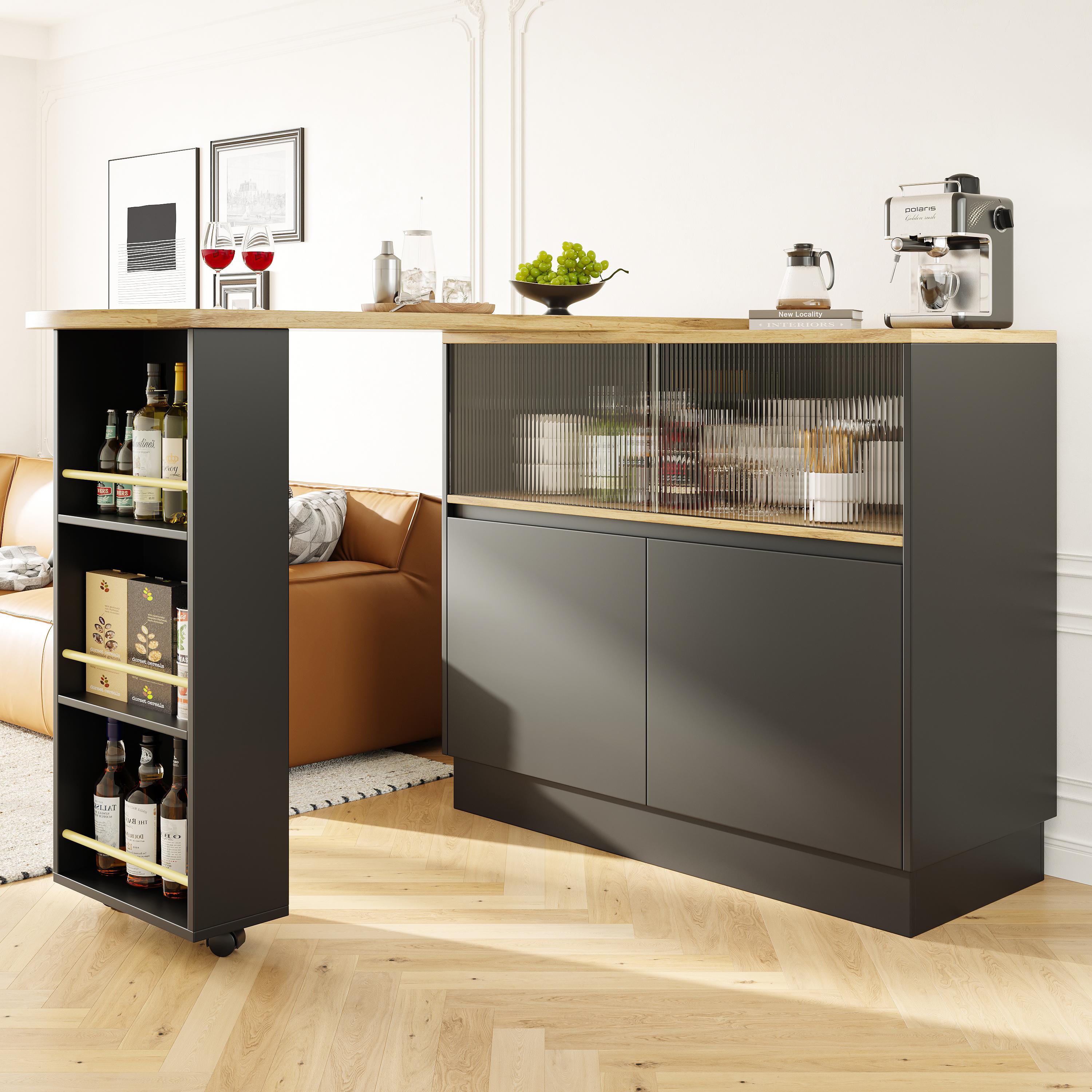 360° Swivelling Dining Bar Cabinet with Sliding Glass Doors, Open Shelves, Rotating Bar Table for Dining Room, 90L x 120W x 100H cm, Black   Aosom.UK