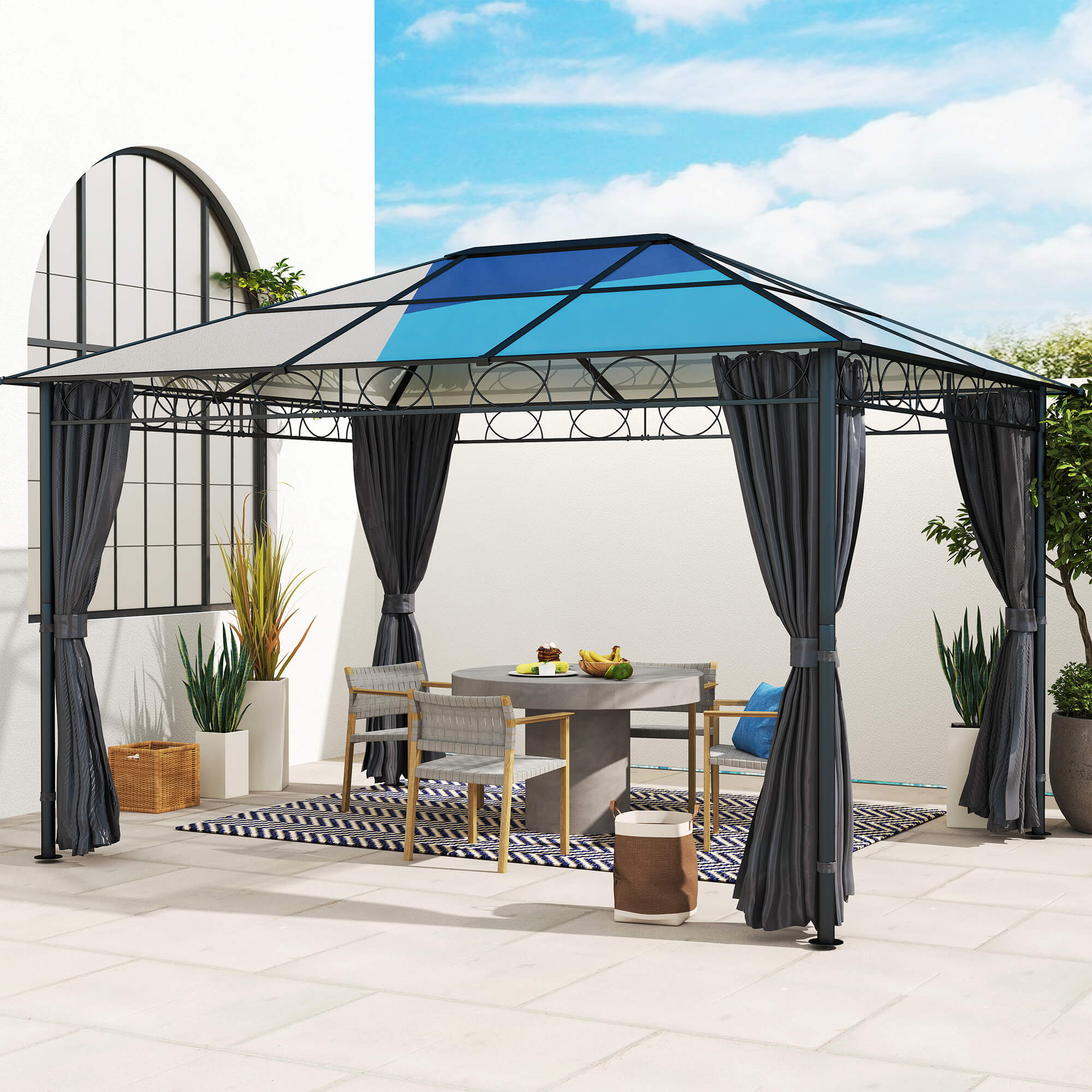 Outsunny Hardtop Gazebo Garden Pavilion with UV Resistant Polycarbonate Roof, Curtains, Steel & Aluminium Frame, 3 x 4m, Grey 2