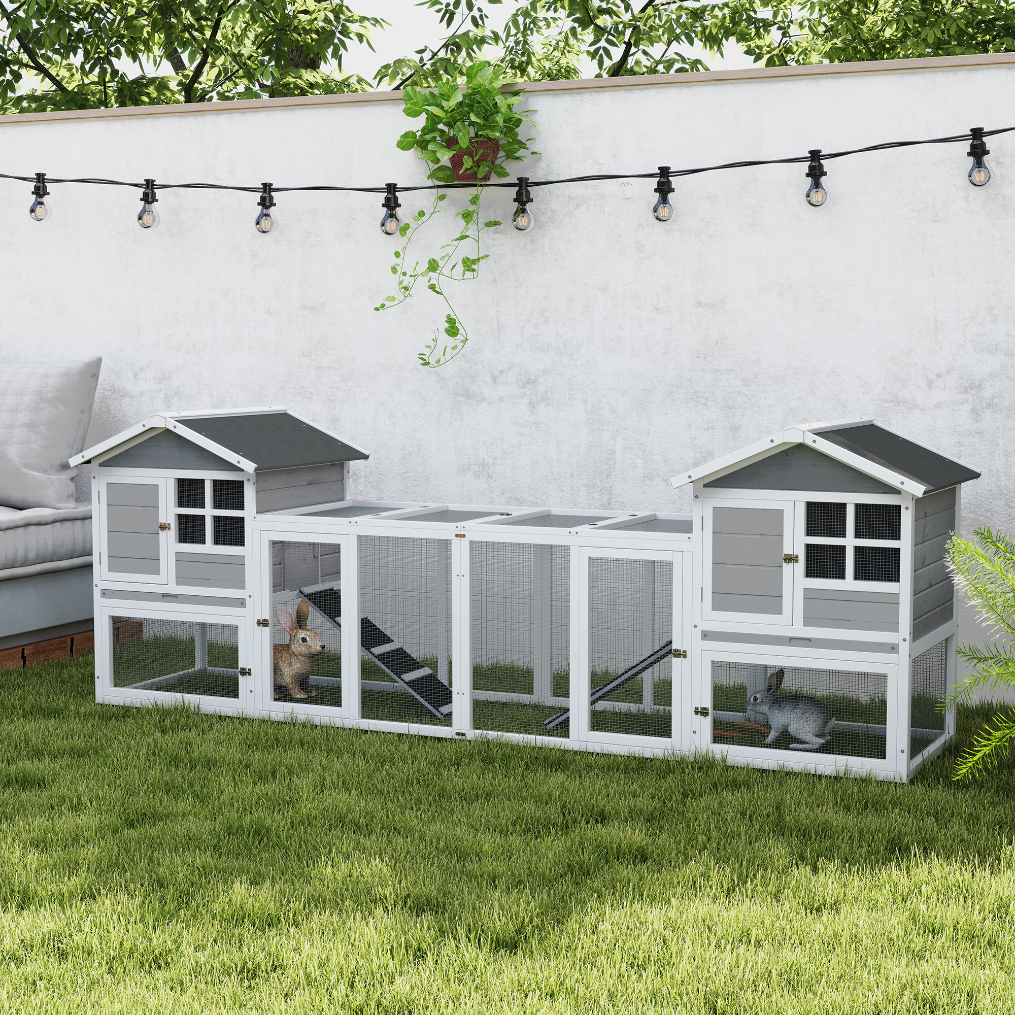 PawHut 2 in 1 Rabbit Hutch Outdoor Guinea Pig Hutch Bunny Run Double Main House with Run, No-Leak Tray 259 x 64 x 92cm, Grey 3