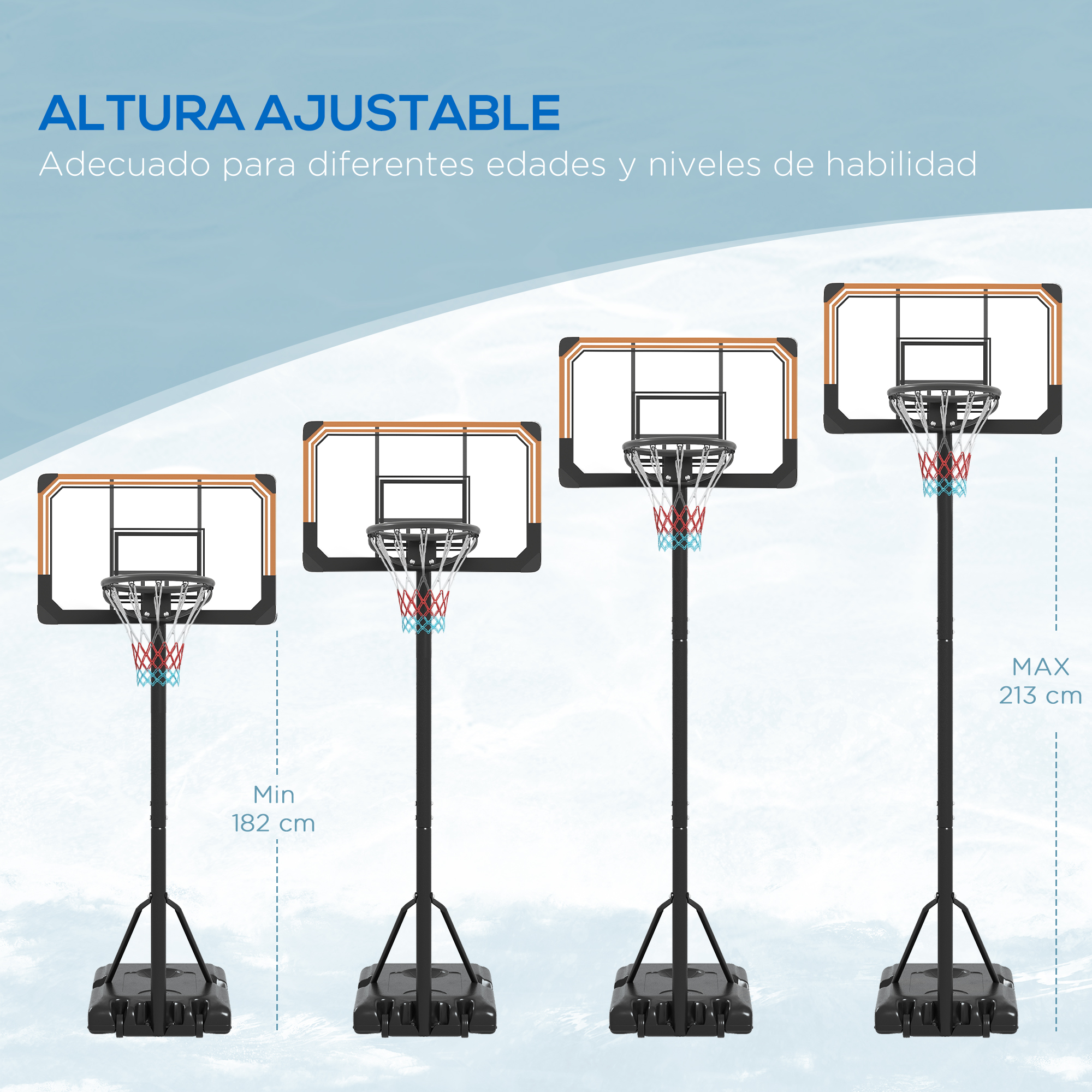 Canasta De Baloncesto Infantil ASONINE | Altura Ajustable 70-138 Cm | Base Antivuelco Con Agua O Arena