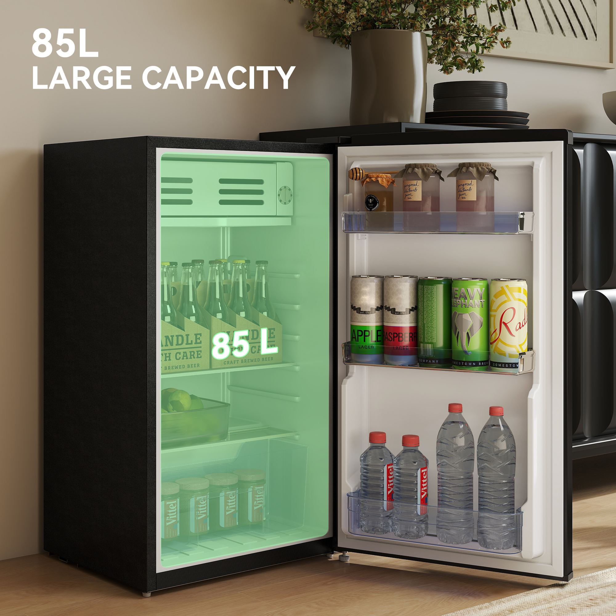HOMCOM Under Counter Fridge, 85L Small Retro Refrigerator with Chiller Box, Adjustable Thermostat, Glass Shelves, Black 5