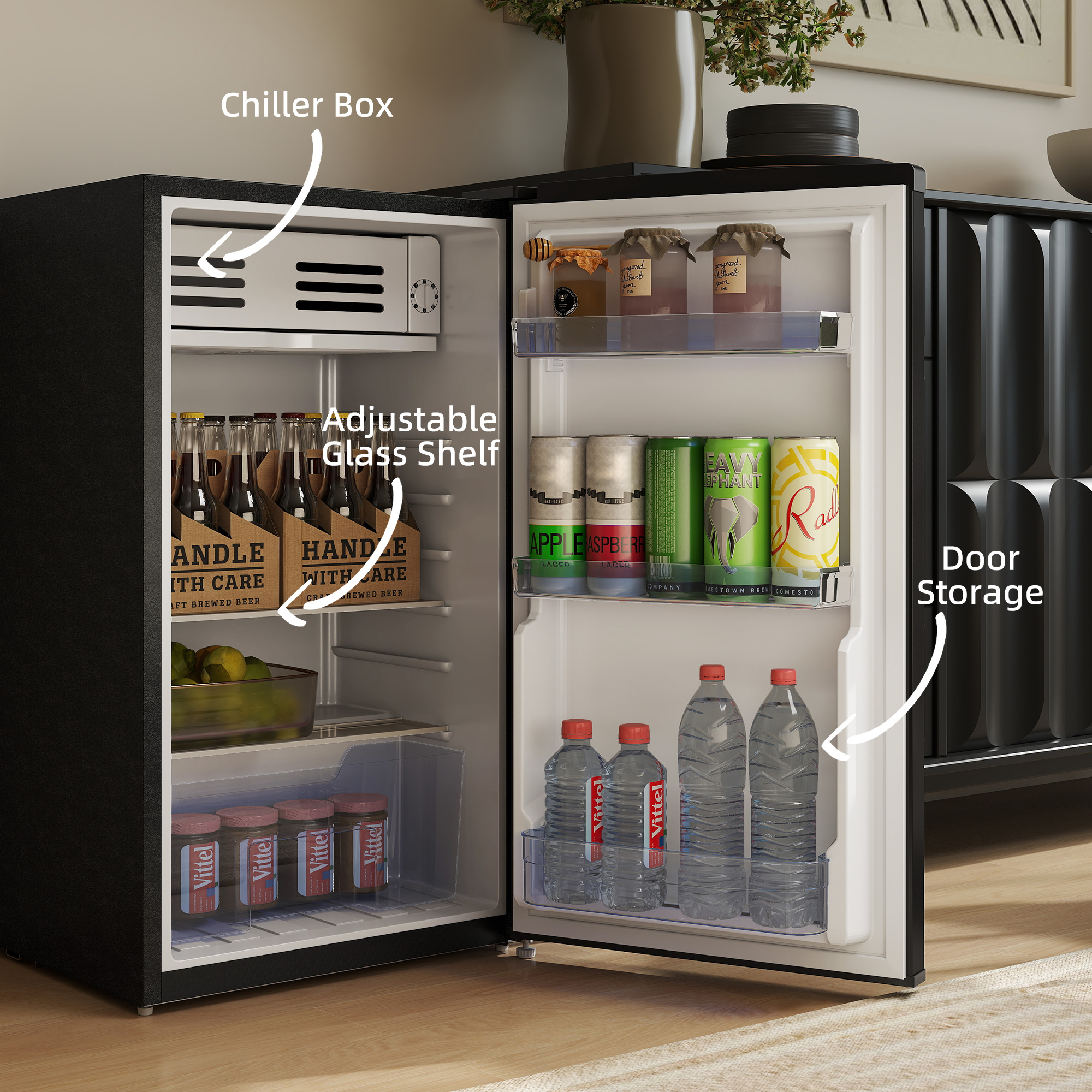 HOMCOM Under Counter Fridge, 85L Small Retro Refrigerator with Chiller Box, Adjustable Thermostat, Glass Shelves, Black 4