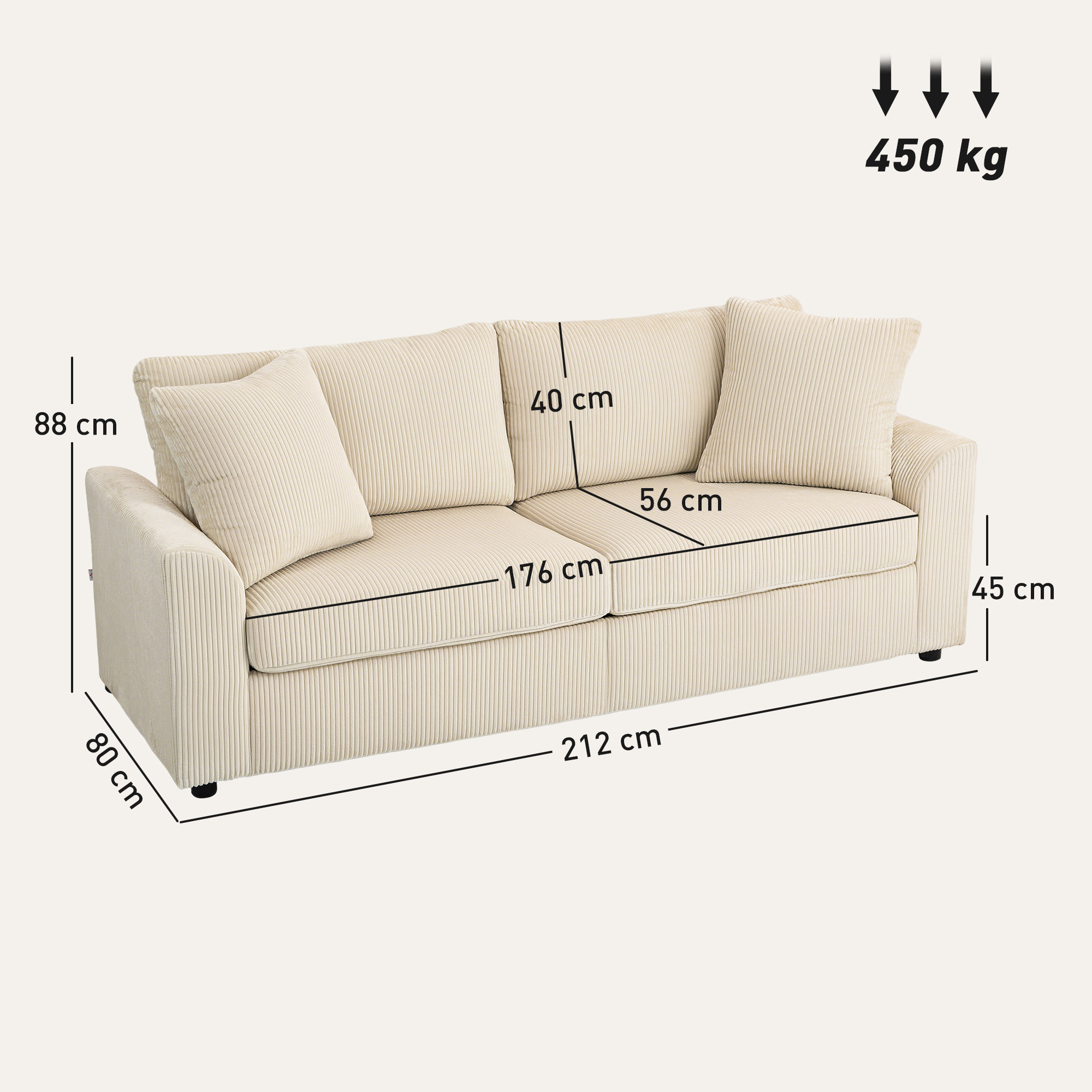 HOMCOM Modern 3 Seater Sofa with Spring Cushion, 212 cm Fabric Jumbo Cord Sofa Couch with 2 Scatter Cushions, Upholstered Corduroy Settee for Living Room, Bedroom, Home Office, Cream White 3
