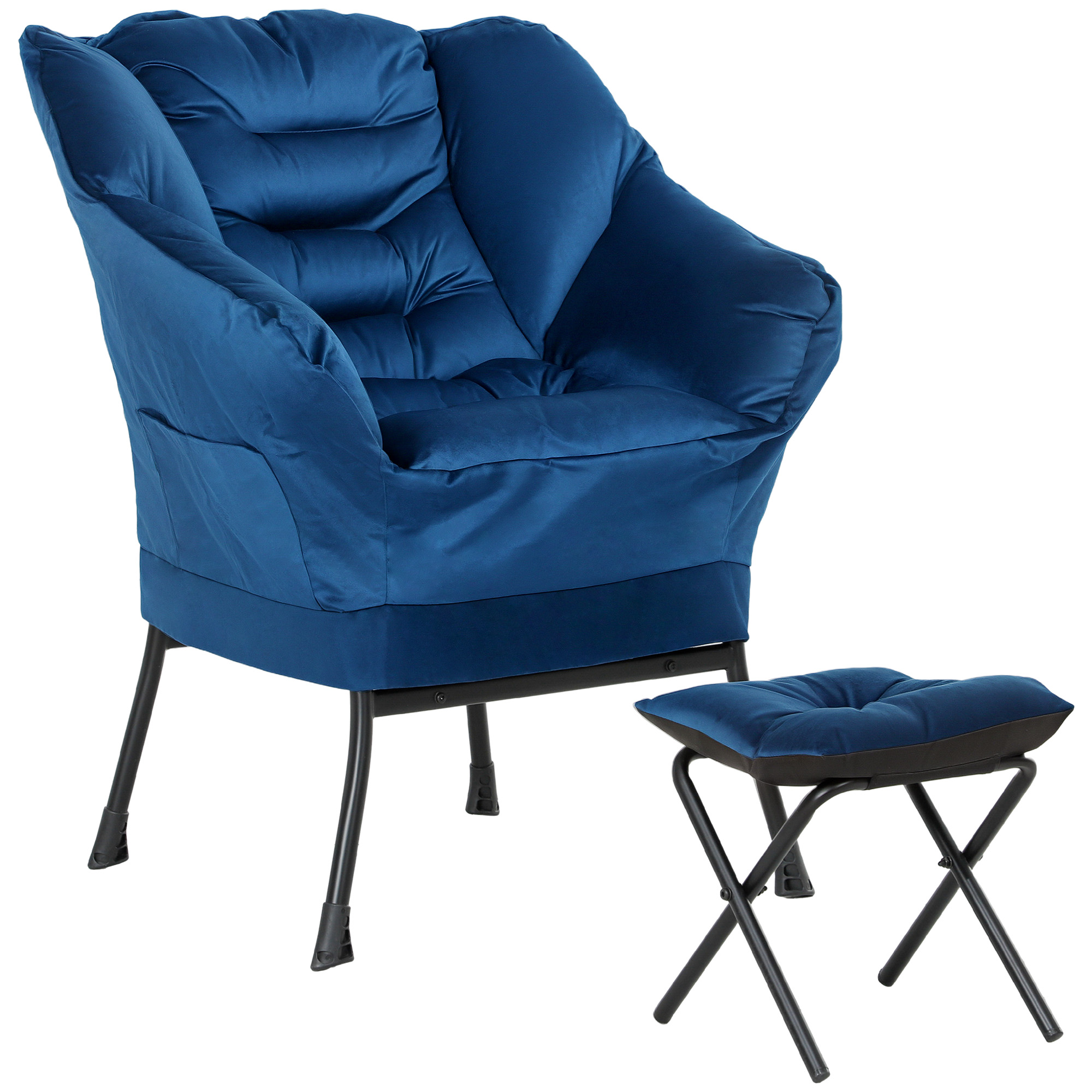 HOMCOM Sillón de Salón con Otomana Sillón de Relax con Bolsillos Laterales y Patas de Acero para Sala de Estar Dormitorio Azul
