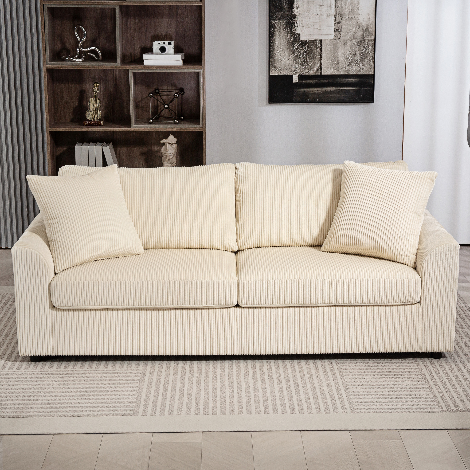 HOMCOM Modern 3 Seater Sofa with Spring Cushion, 212 cm Fabric Jumbo Cord Sofa Couch with 2 Scatter Cushions, Upholstered Corduroy Settee for Living Room, Bedroom, Home Office, Cream White 8